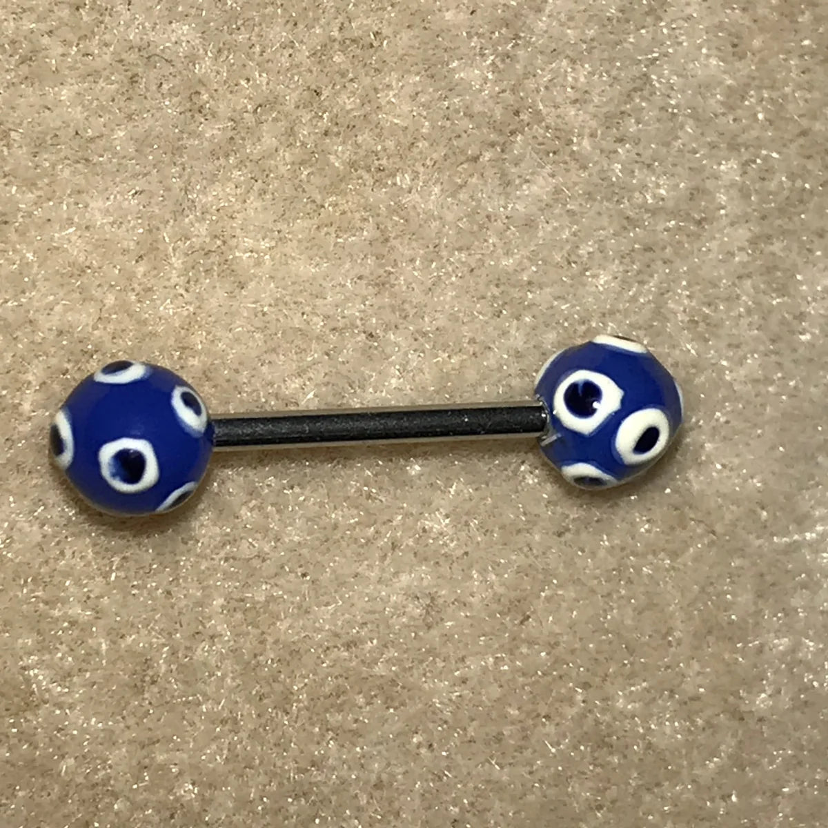 14 Gauge Blue, White, and Black Polka Dot Tongue Ring