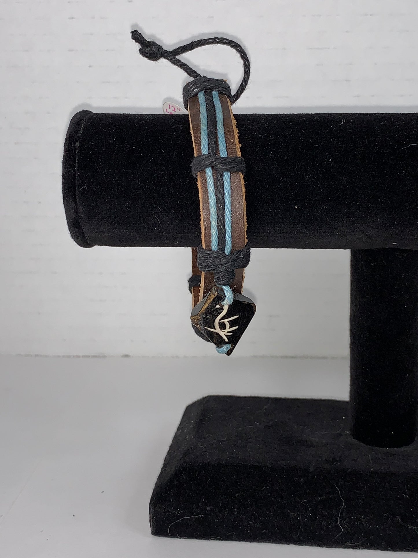 12" Long Leather Bracelet with Blue Hemp detail