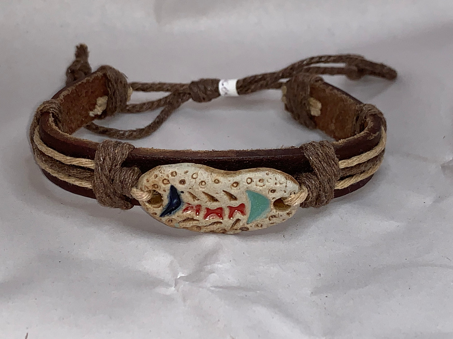 12" Long Leather Bracelet with Fish focal bead