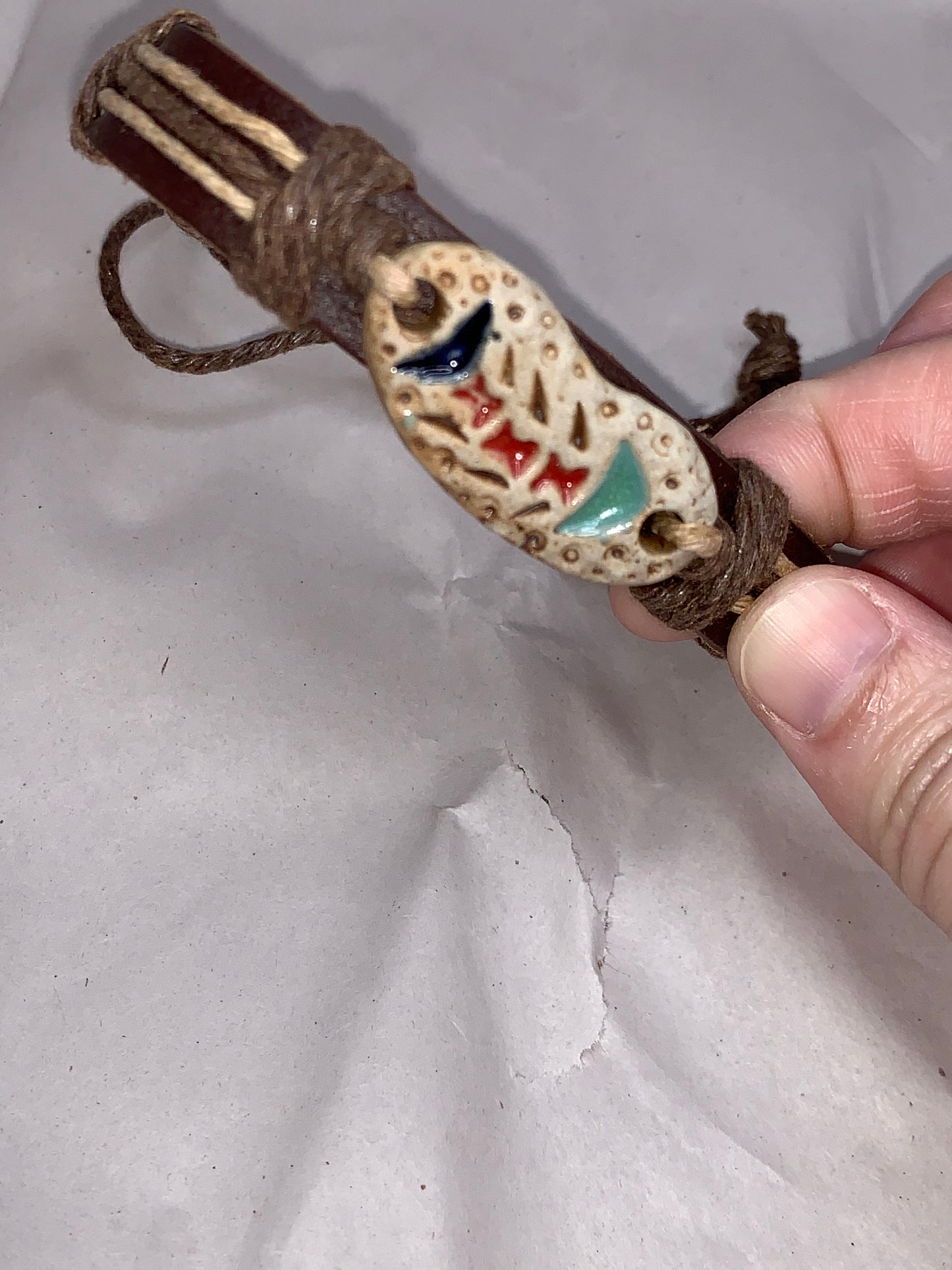 12" Long Leather Bracelet with Fish focal bead