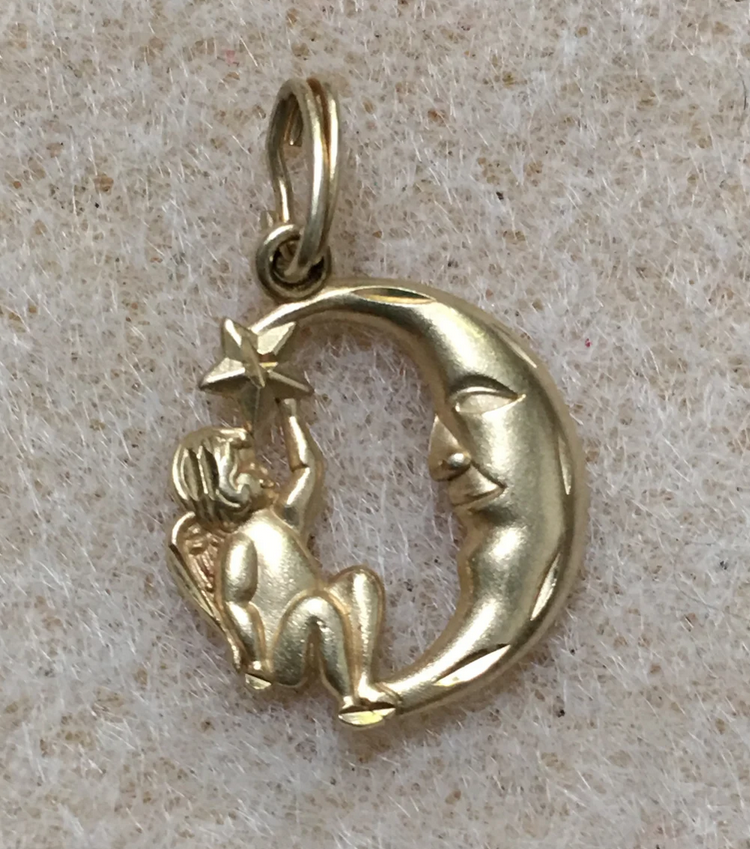 14 Kt Gold Cherub and the Moon Pendant