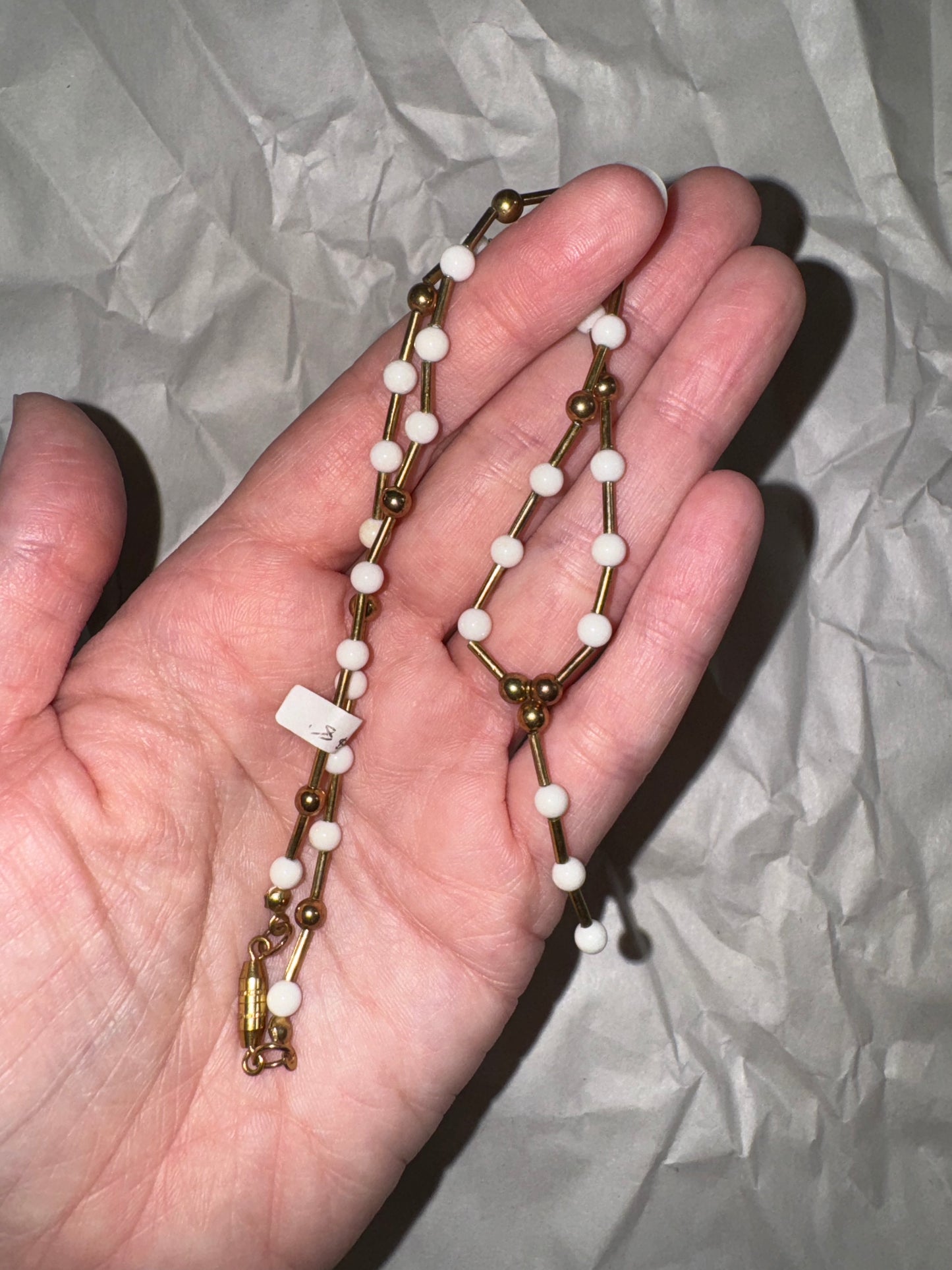 15 3/4" Long White And Gold Beaded Necklace
