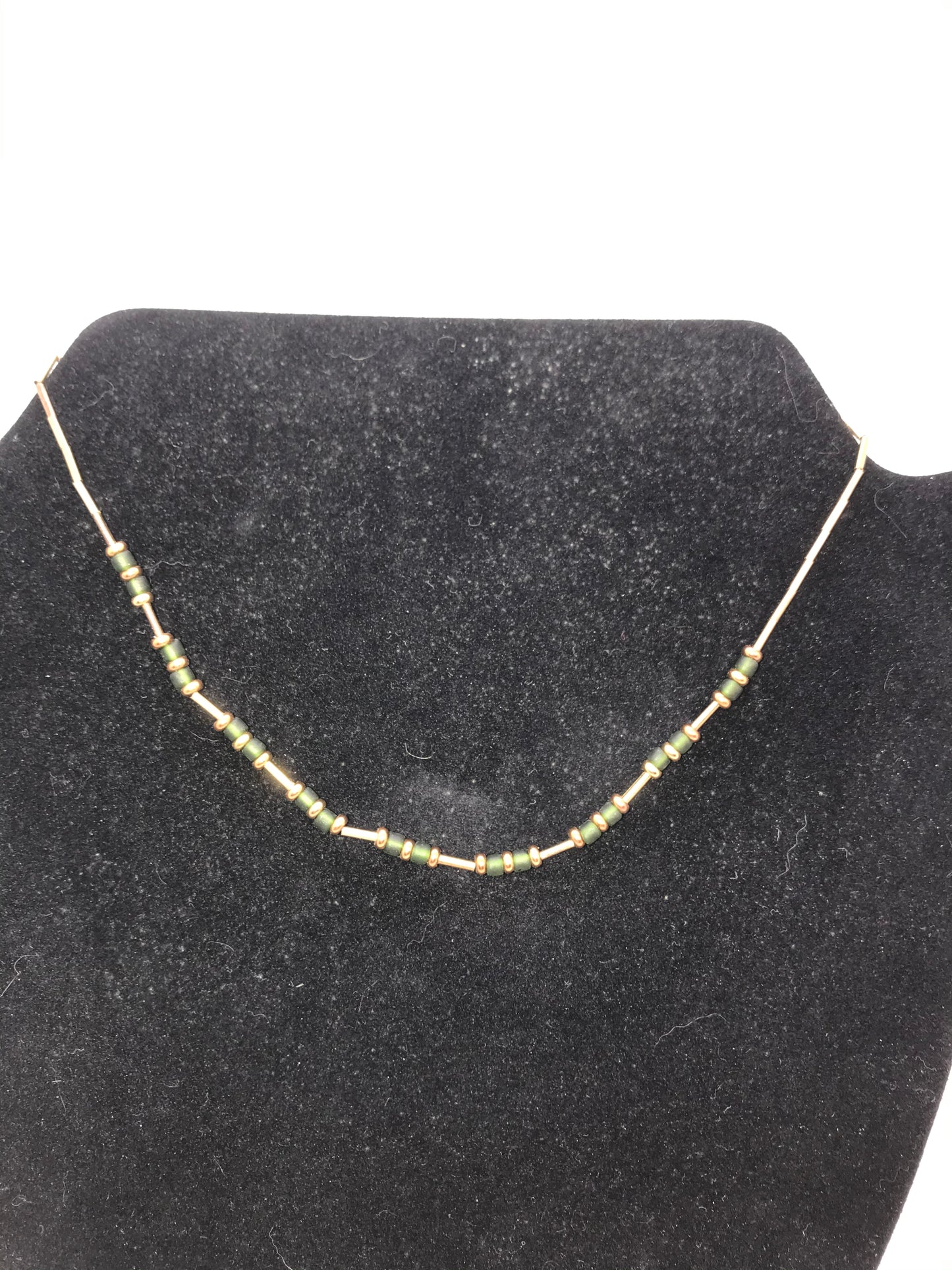 15" Green And Gold Seed Bead Handmade Beaded Necklace