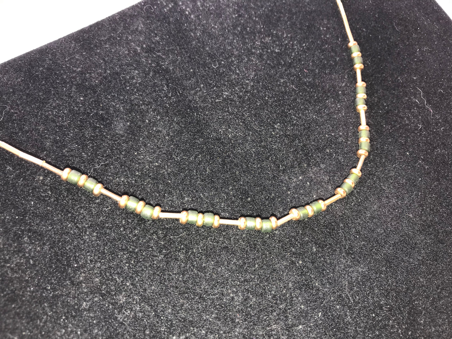 15" Green And Gold Seed Bead Handmade Beaded Necklace