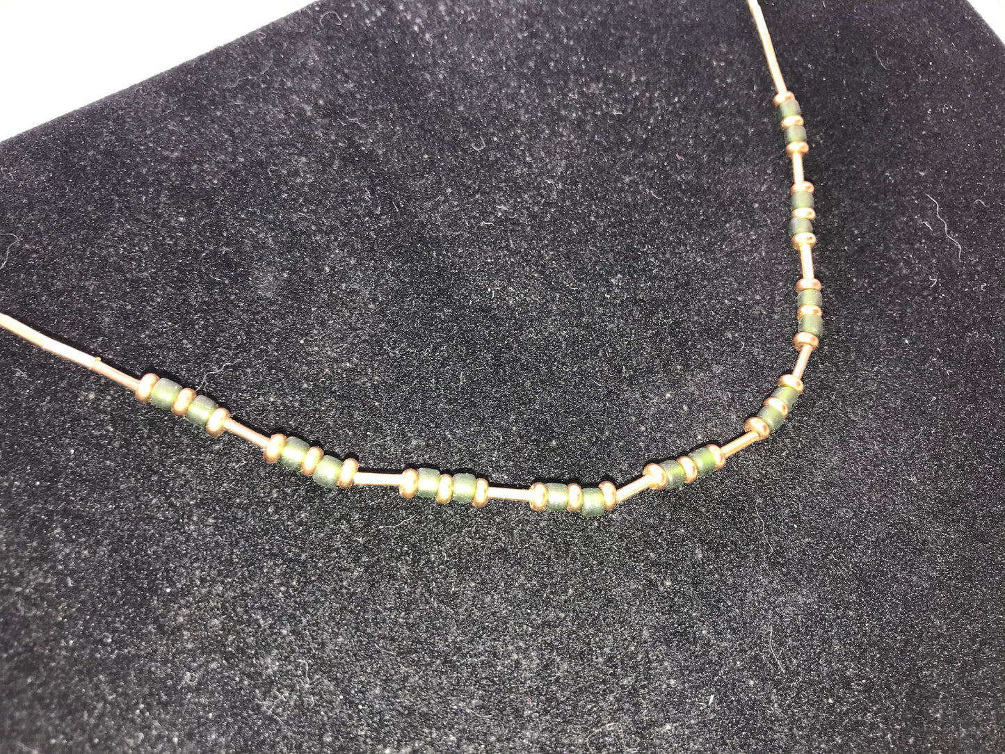 15" Matte Green And Gold Seed Bead Handmade Beaded Necklace