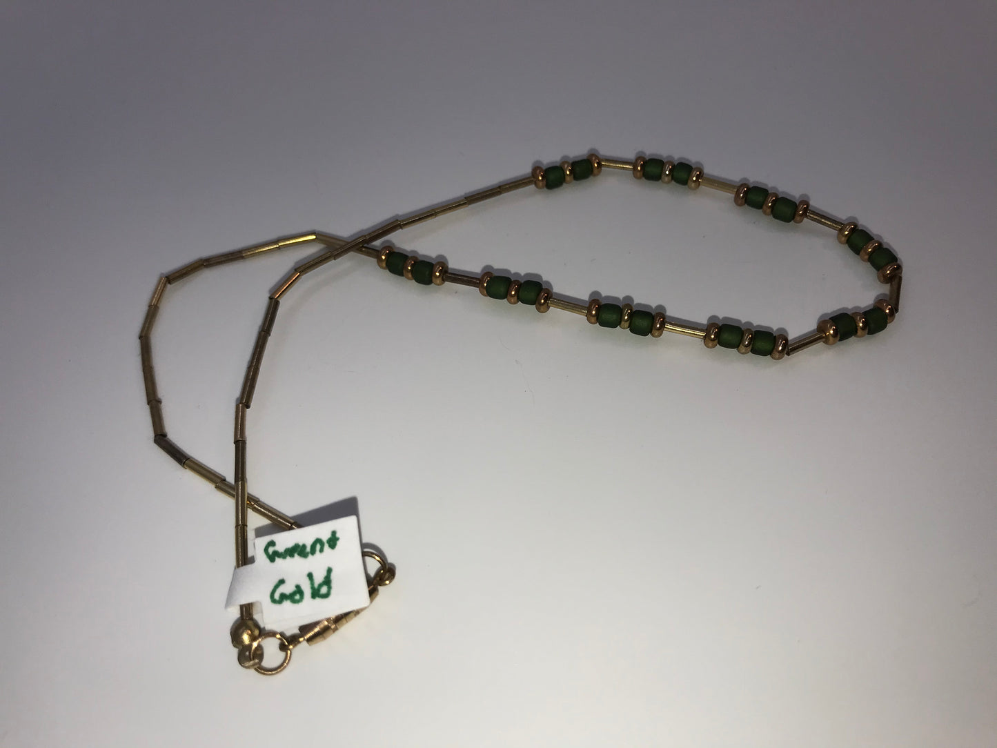 15" Matte Green And Gold Seed Bead Handmade Beaded Necklace