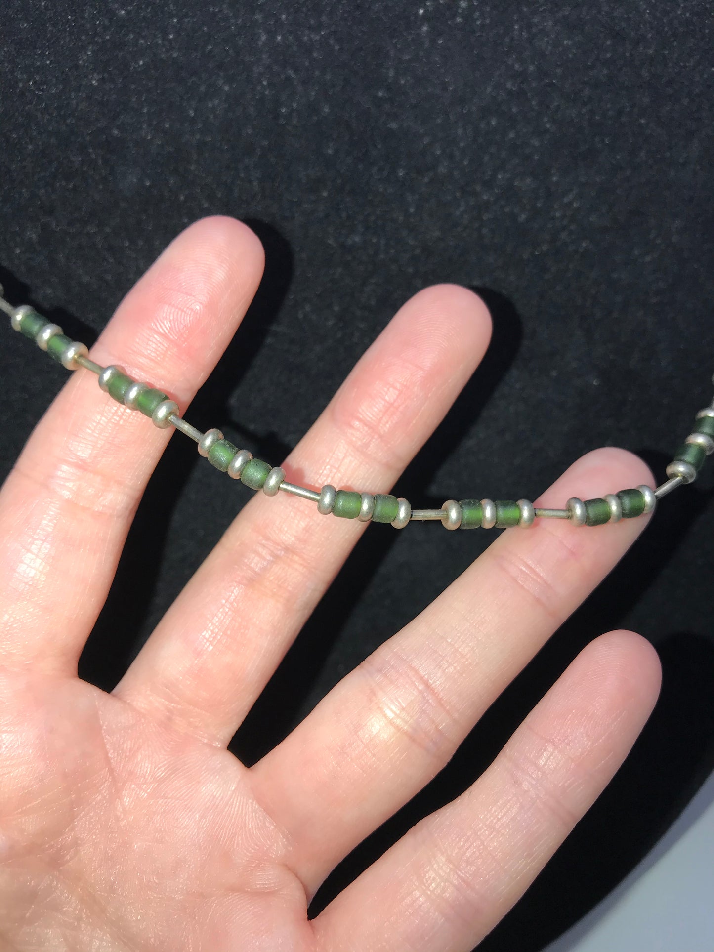 15" Matte Green And Silver Seed Bead Necklace