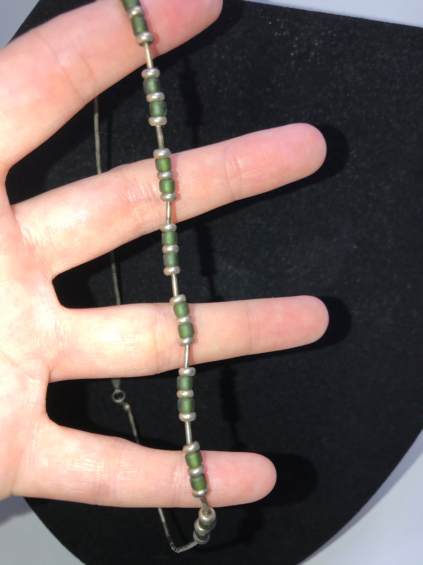 15" Matte Green And Silver Seed Bead Necklace