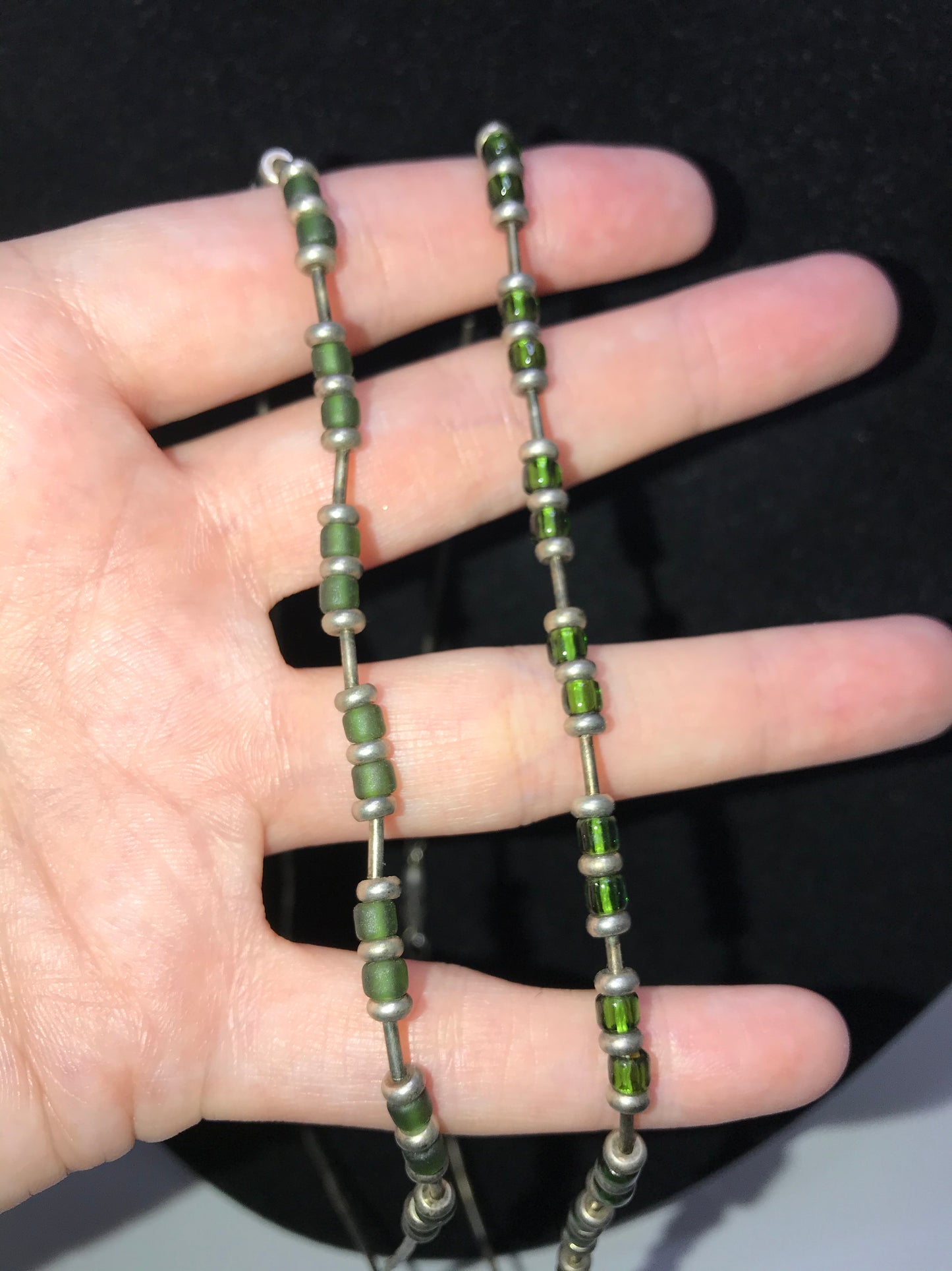 15" Matte Green And Silver Seed Bead Necklace