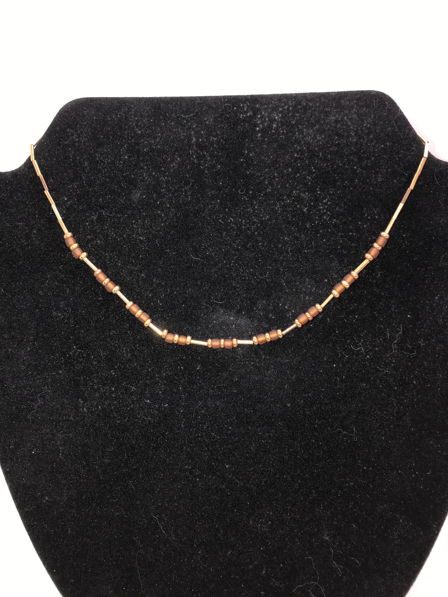 15" Golden Tube Seed Beads And Gold Beaded Necklace