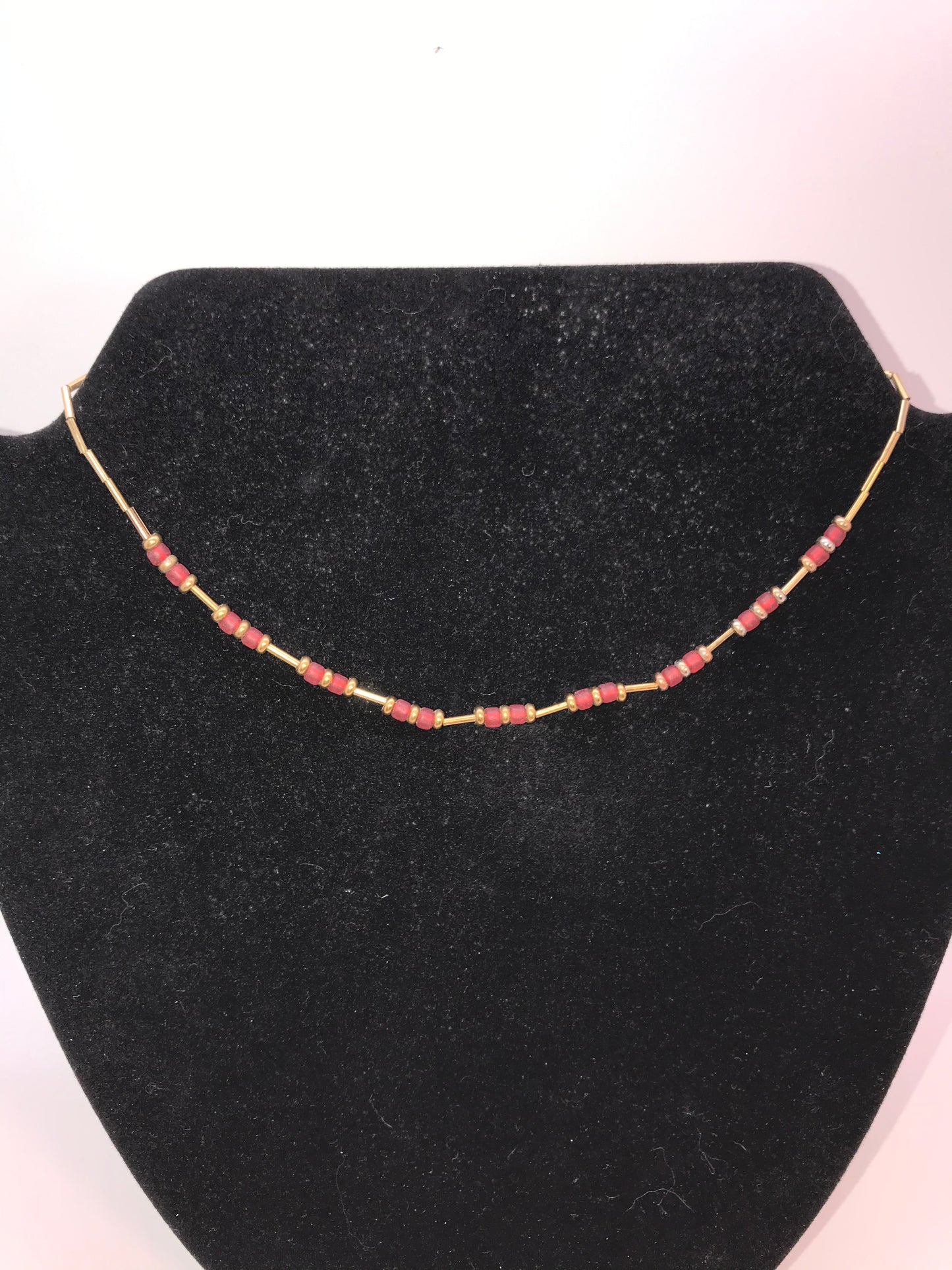 15" Matte Orange Red and Gold Beaded Necklace