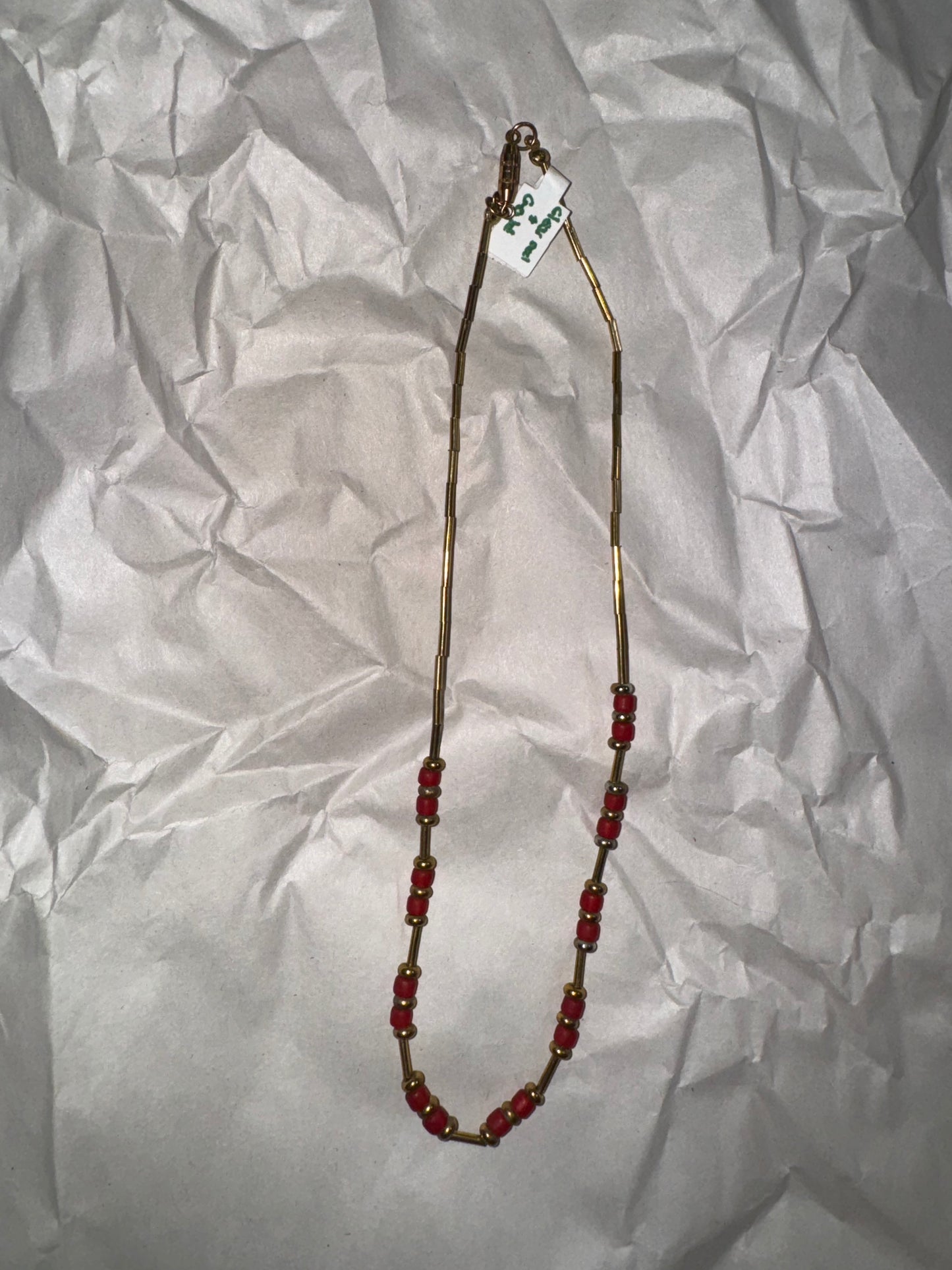15" Matte Orange Red and Gold Beaded Necklace