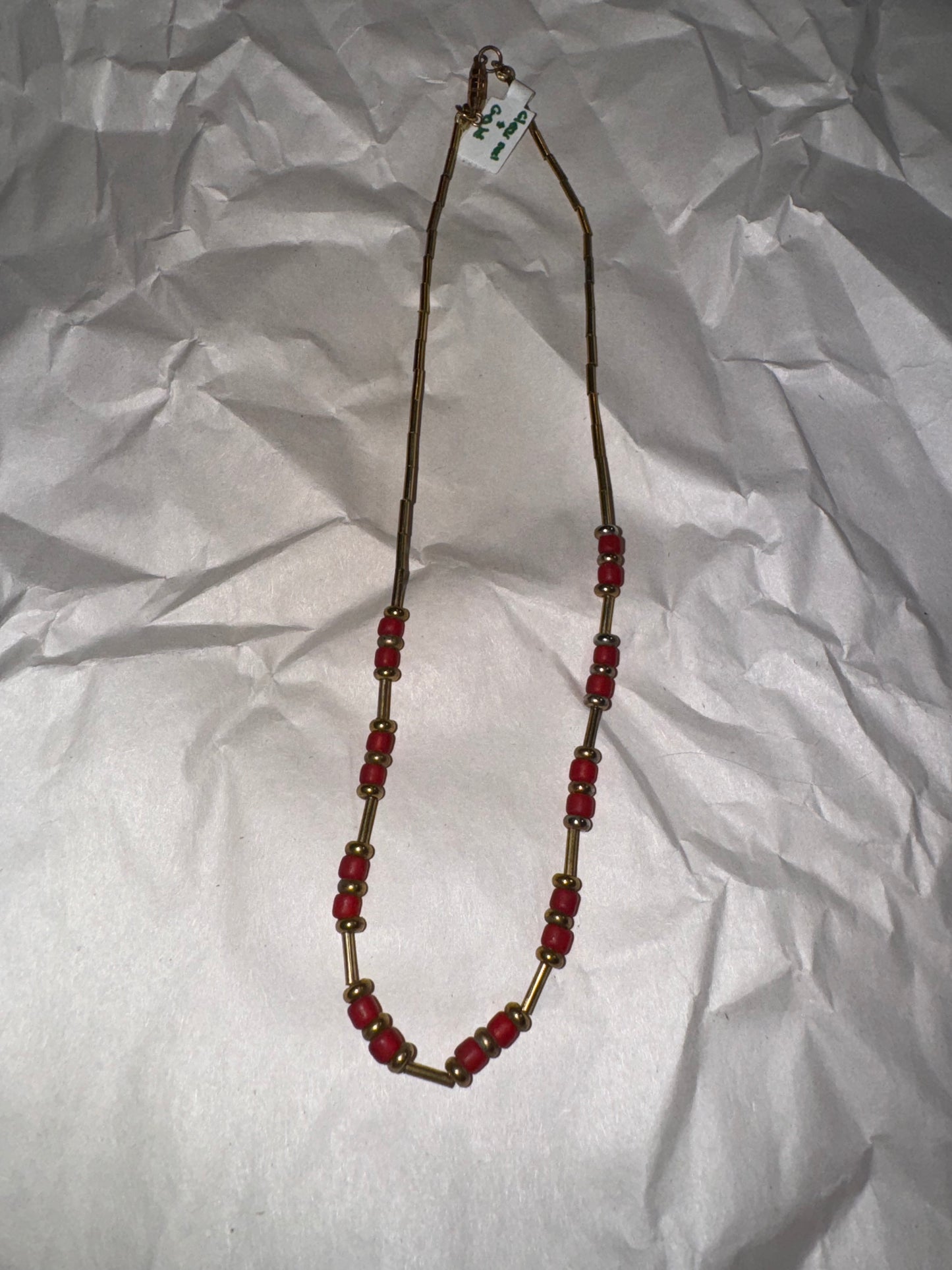 15" Matte Orange Red and Gold Beaded Necklace