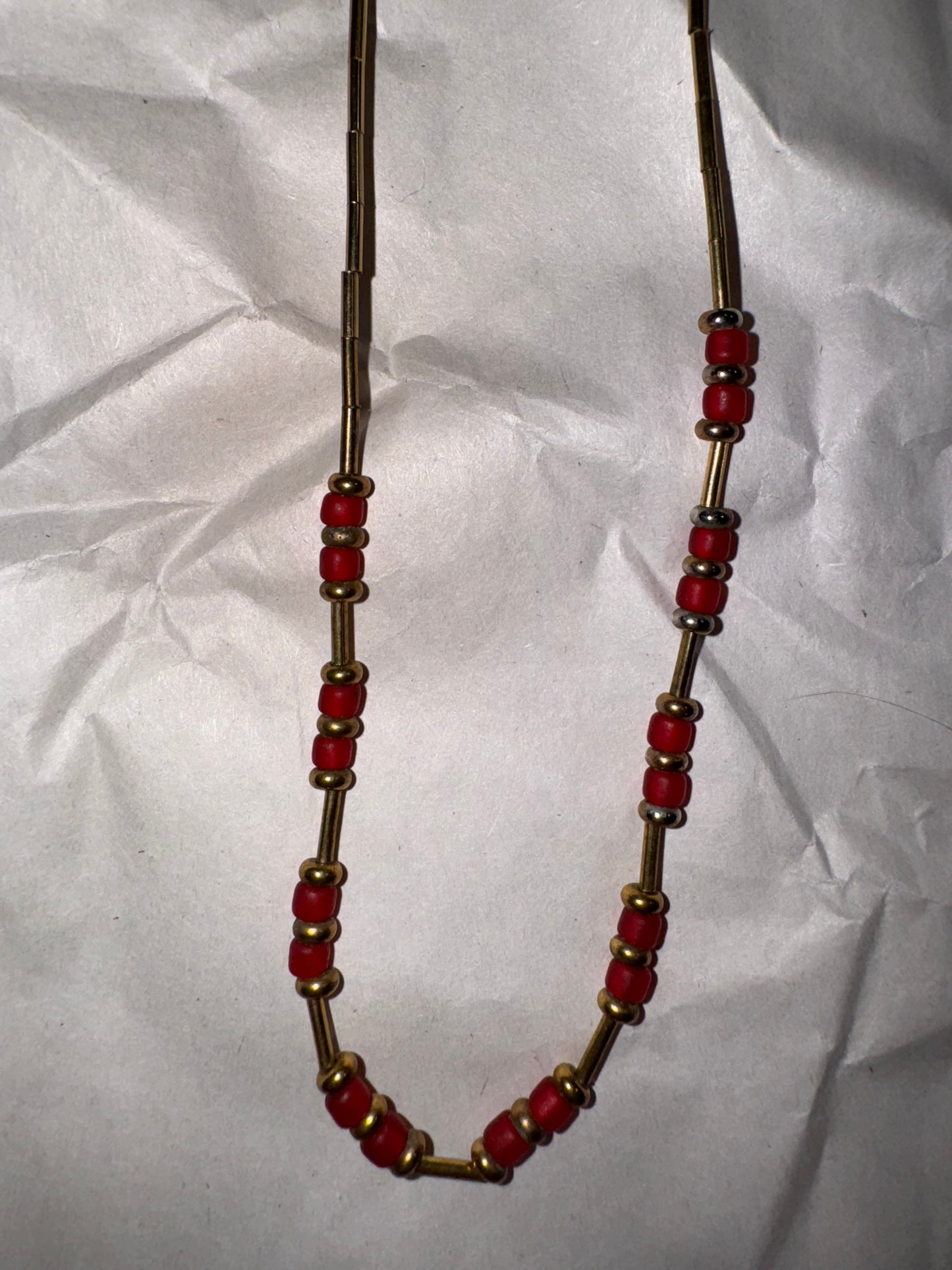 15" Matte Orange Red and Gold Beaded Necklace