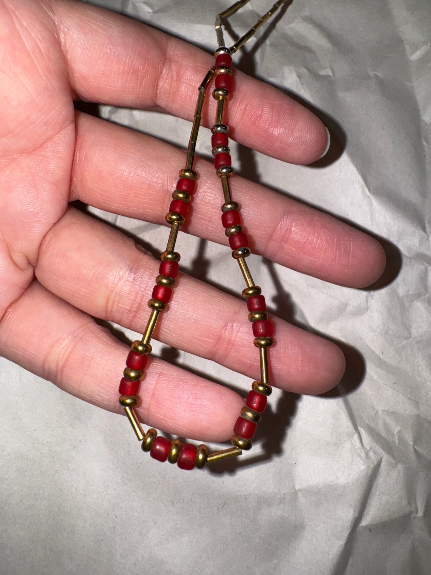 15" Matte Orange Red and Gold Beaded Necklace