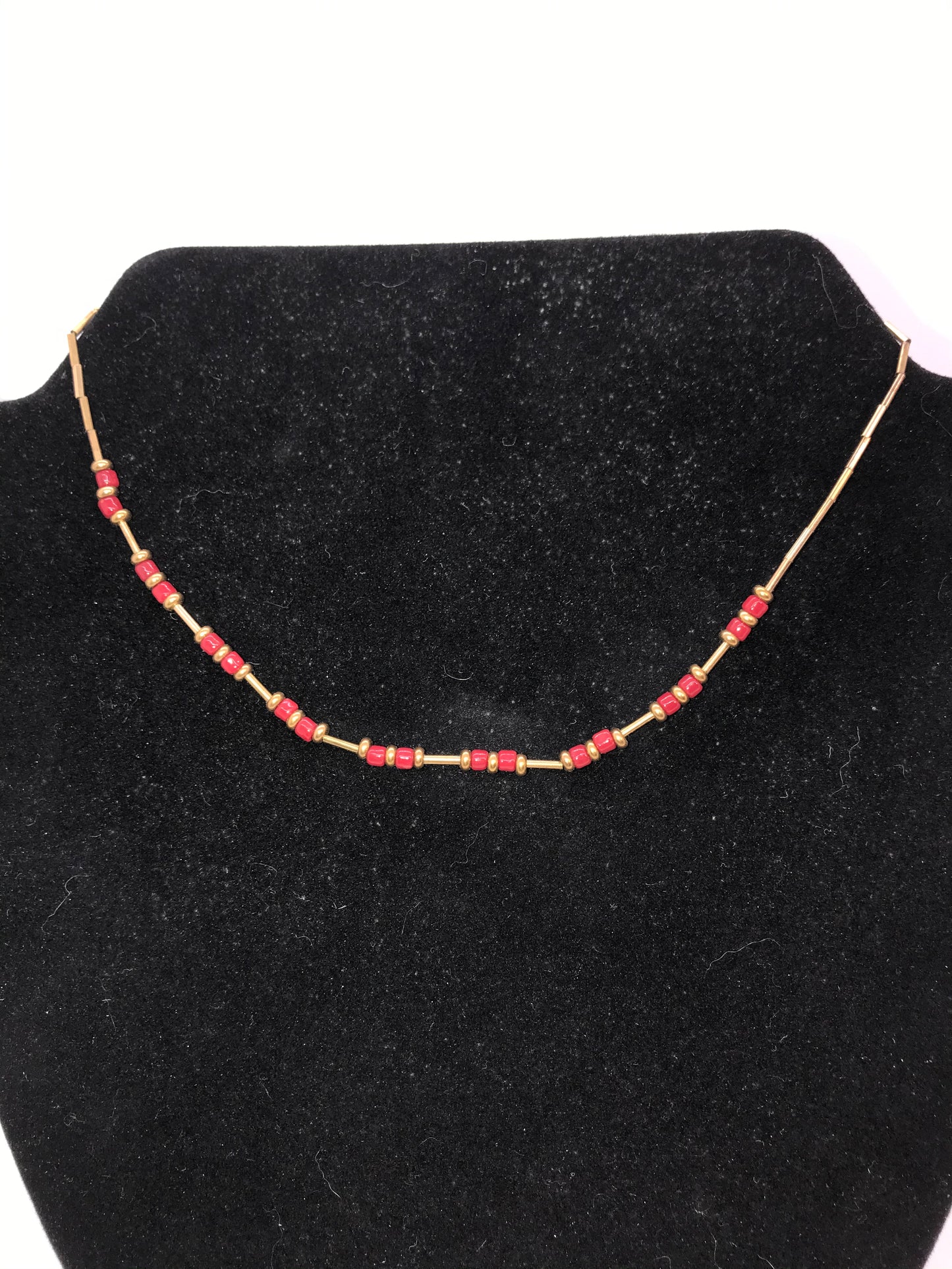 15" Shiny Orange Red and Gold Beaded Necklace