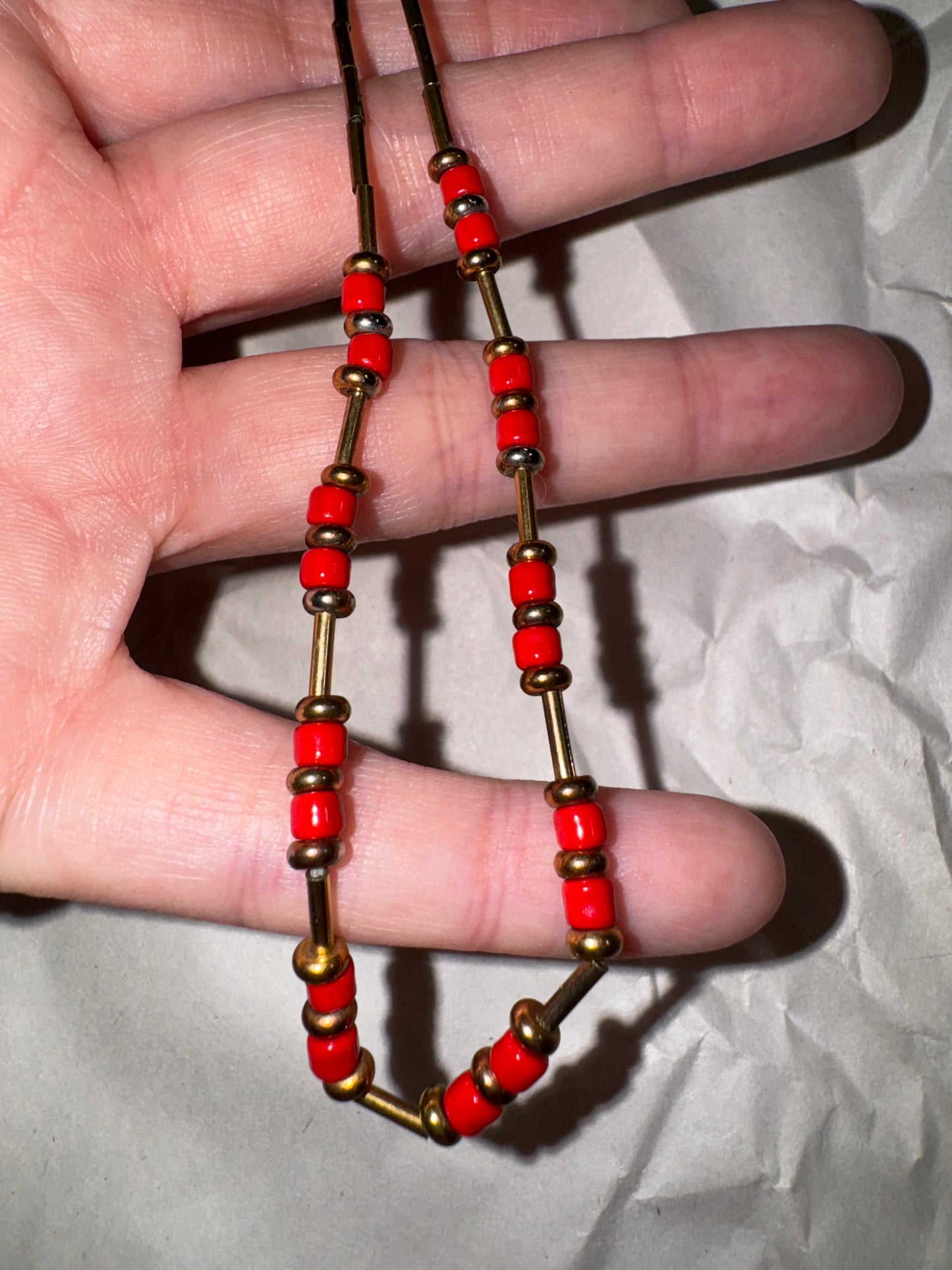 15" Shiny Orange Red and Gold Beaded Necklace