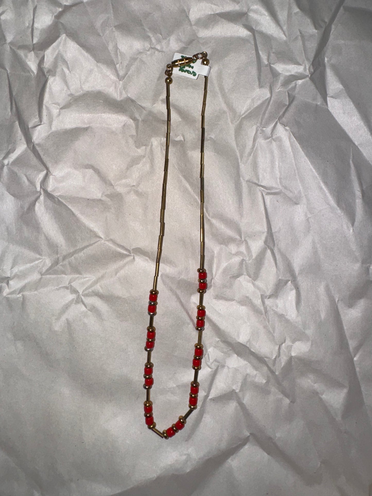 15" Shiny Orange Red and Gold Beaded Necklace