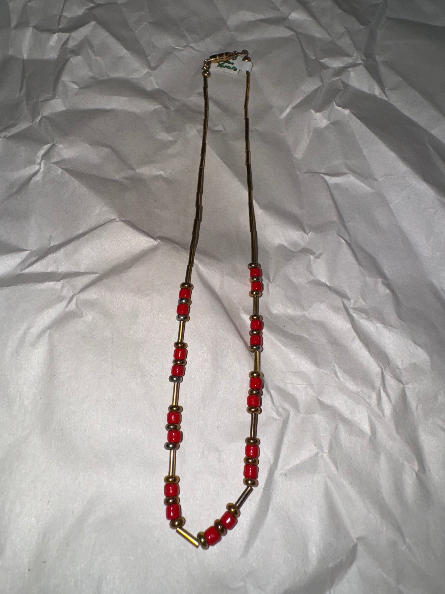 15" Shiny Orange Red and Gold Beaded Necklace