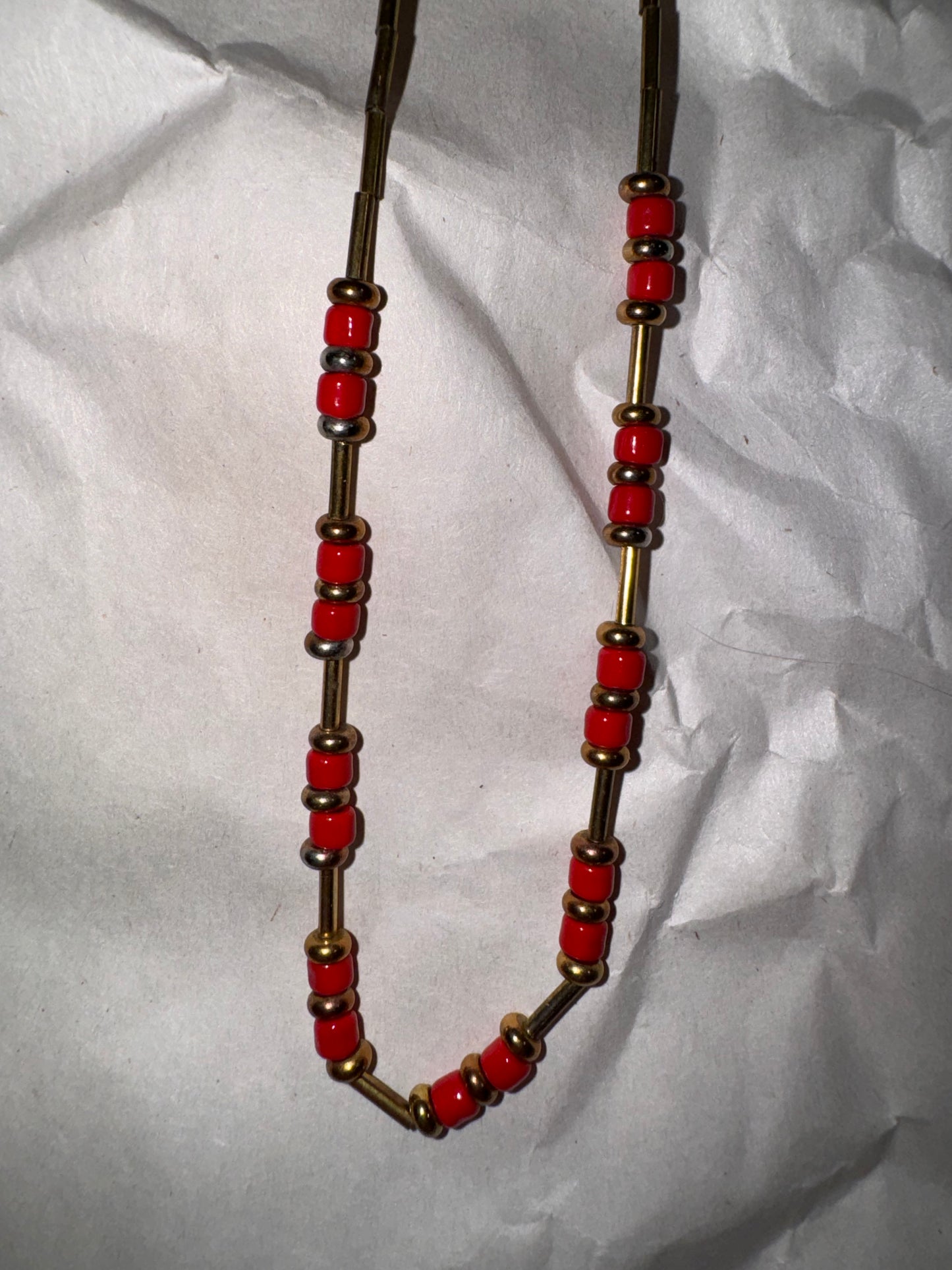 15" Shiny Orange Red and Gold Beaded Necklace
