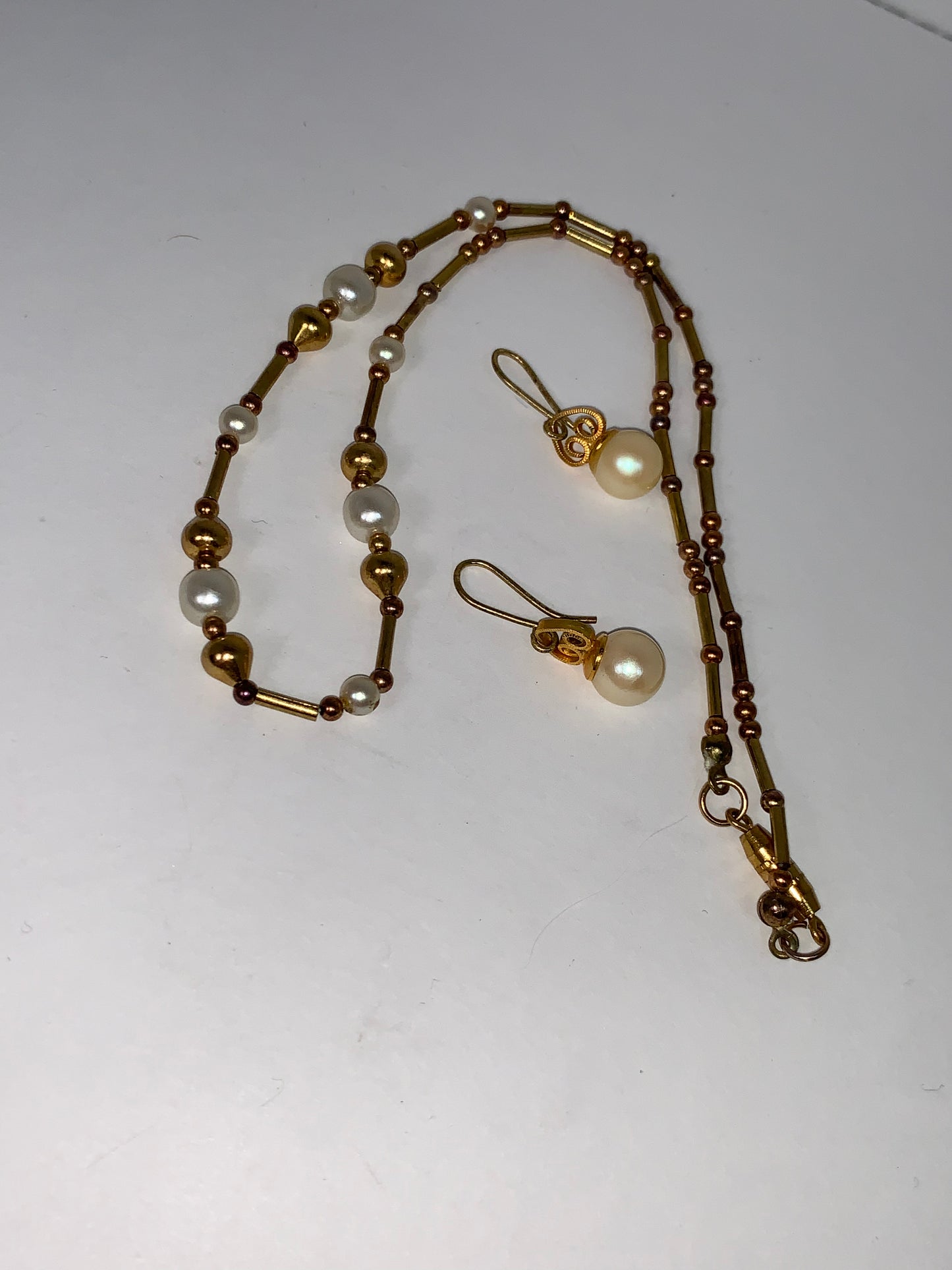 15" Pearl and Gold beaded Necklace and Earrings Set