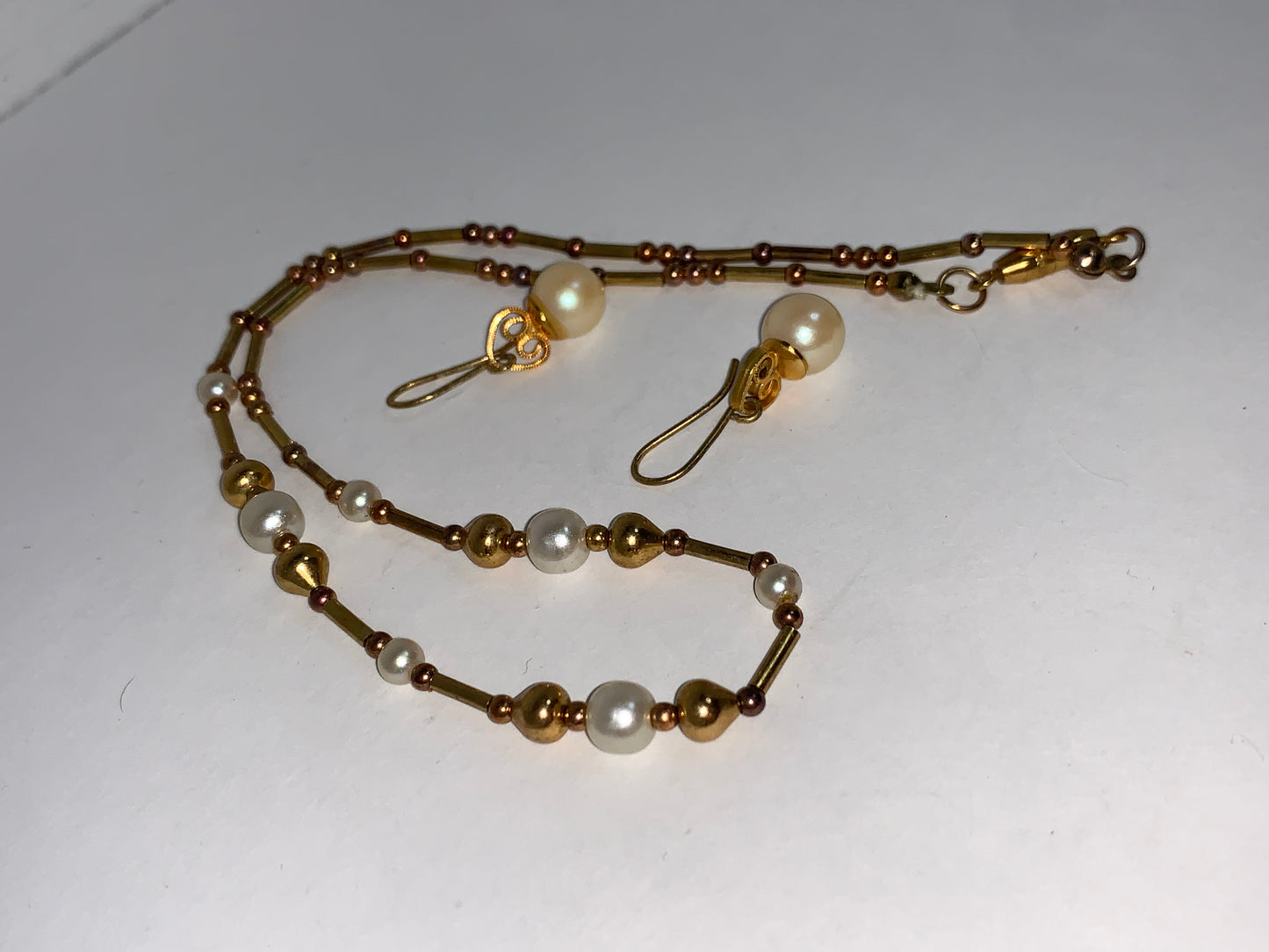15" Pearl and Gold beaded Necklace and Earrings Set