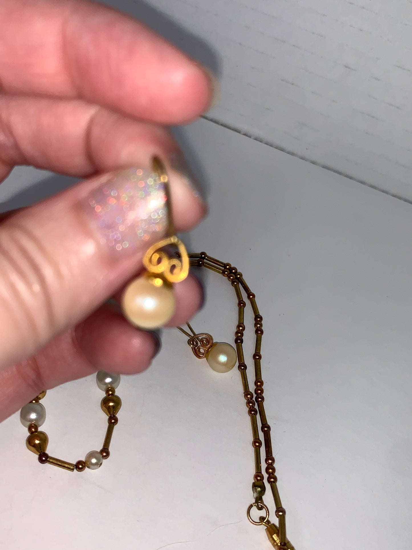 15" Pearl and Gold beaded Necklace and Earrings Set