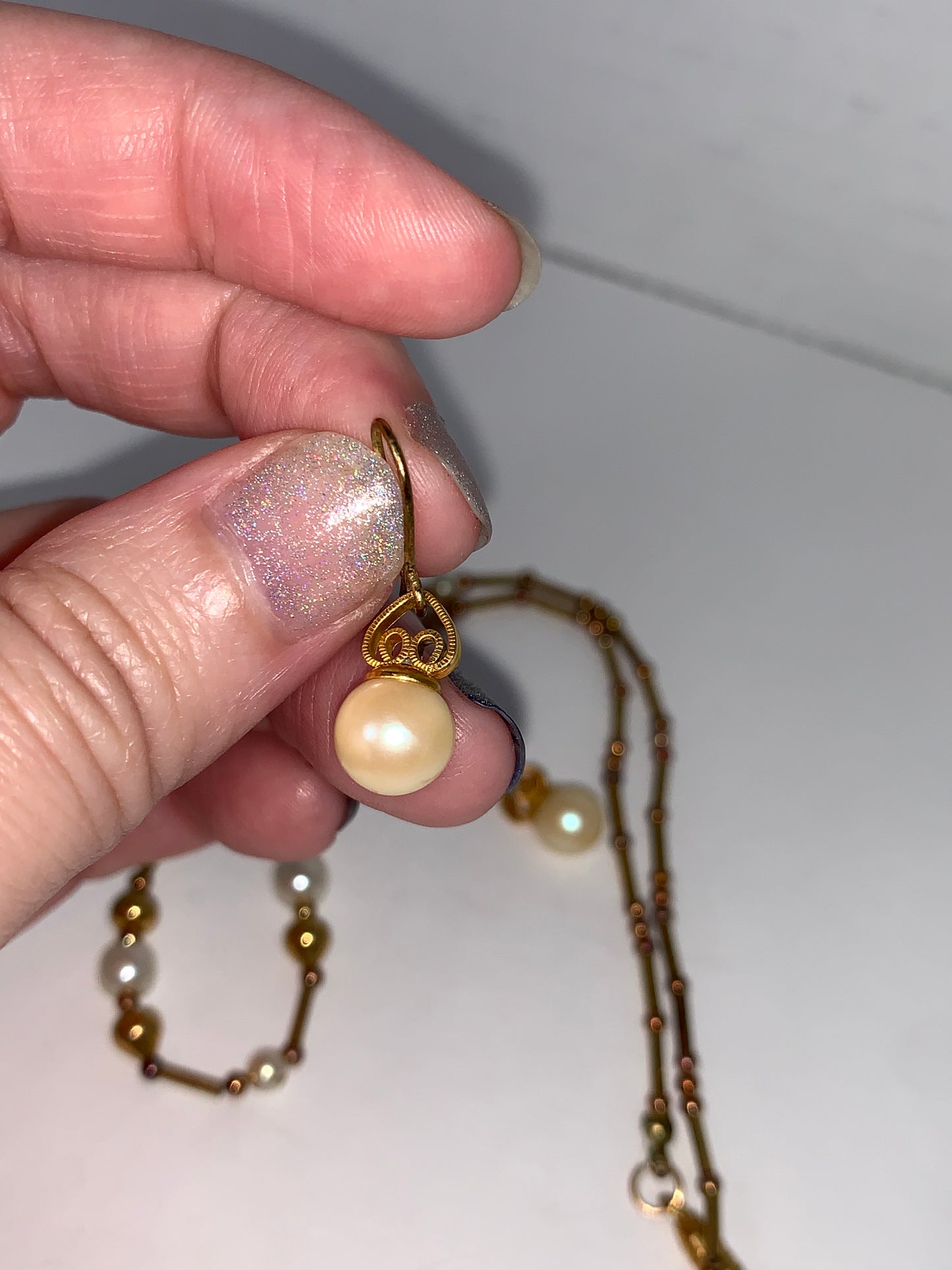 15" Pearl and Gold beaded Necklace and Earrings Set