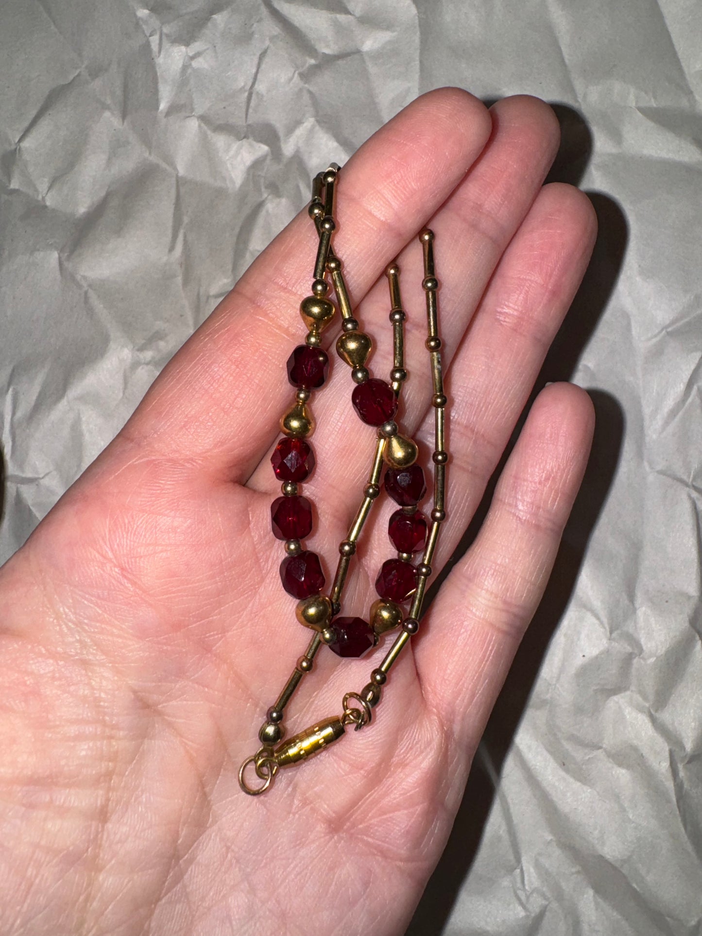 15" Red and Gold Handmade Beaded Necklace
