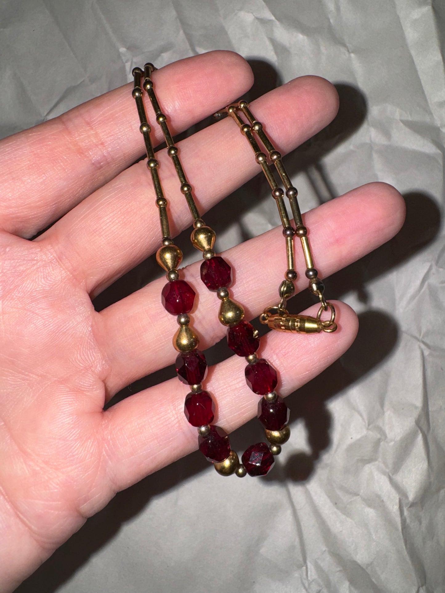 15" Red and Gold Handmade Beaded Necklace