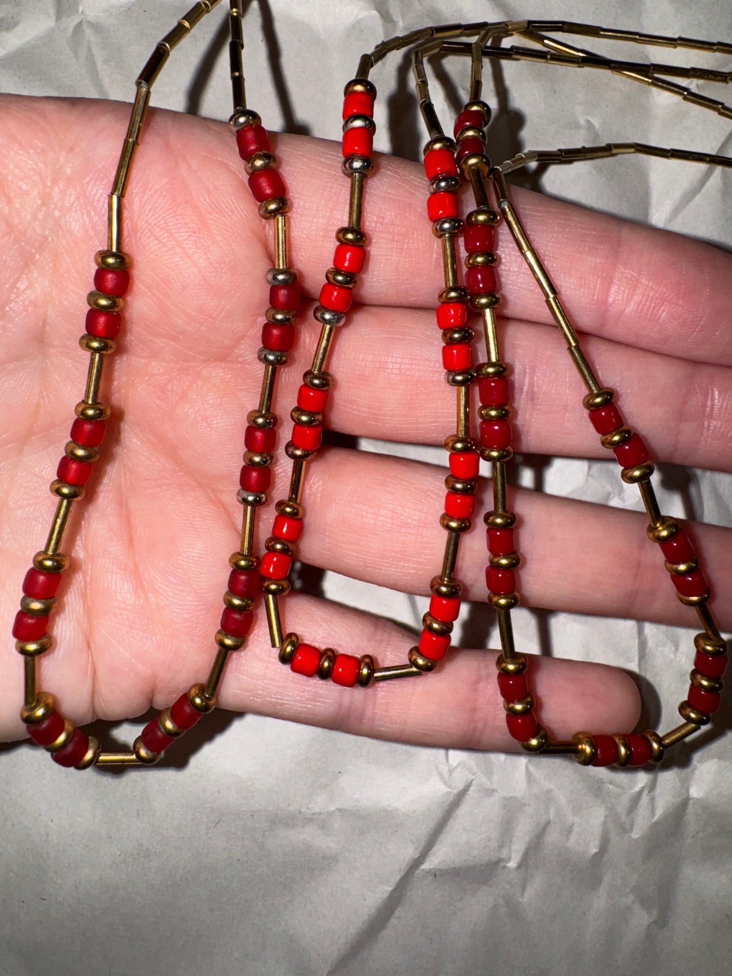 15" Shiny Orange Red and Gold Beaded Necklace