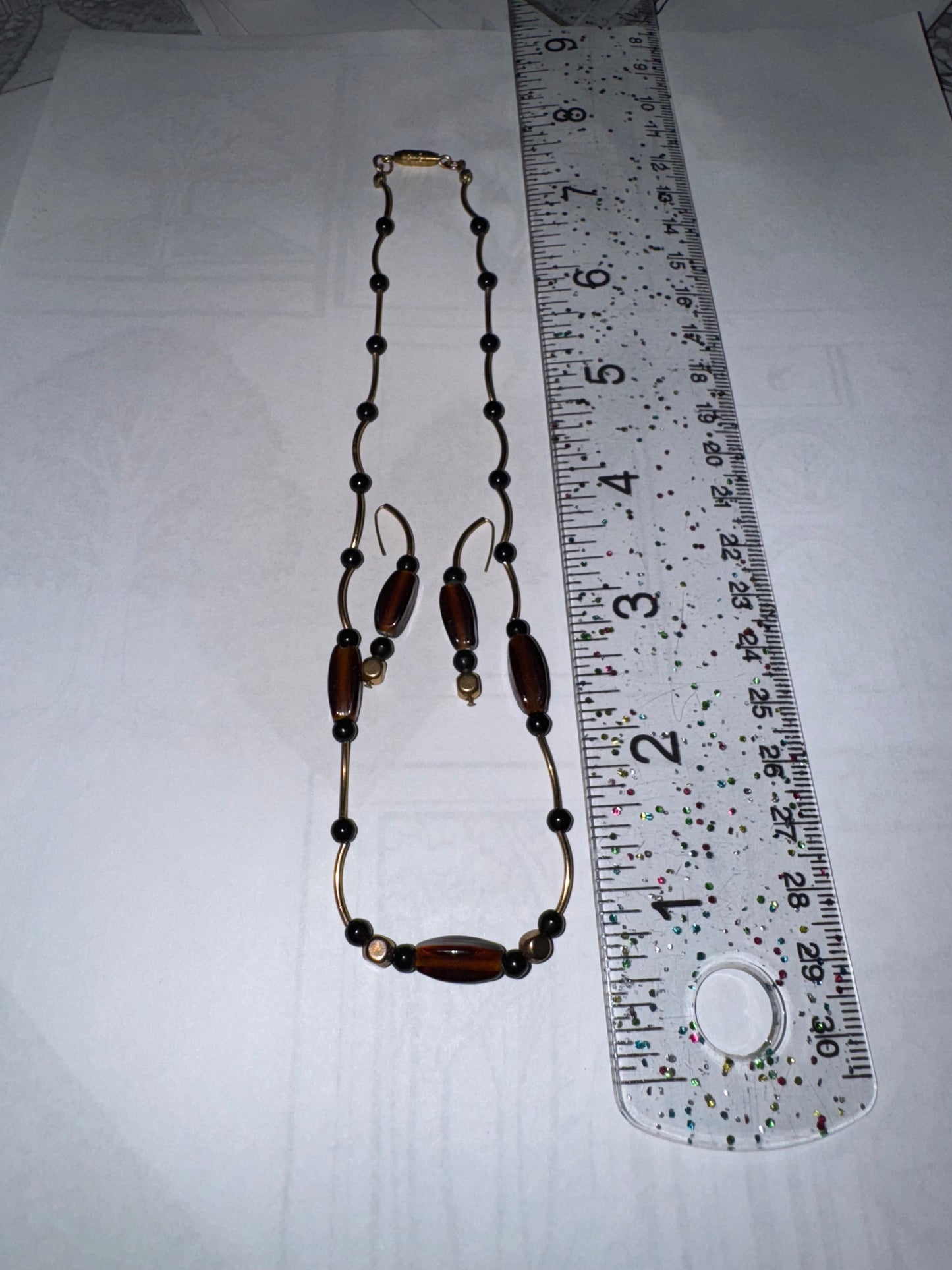 15 1/2" Beaded Gold, Black and Bronze Necklace and Earring Set