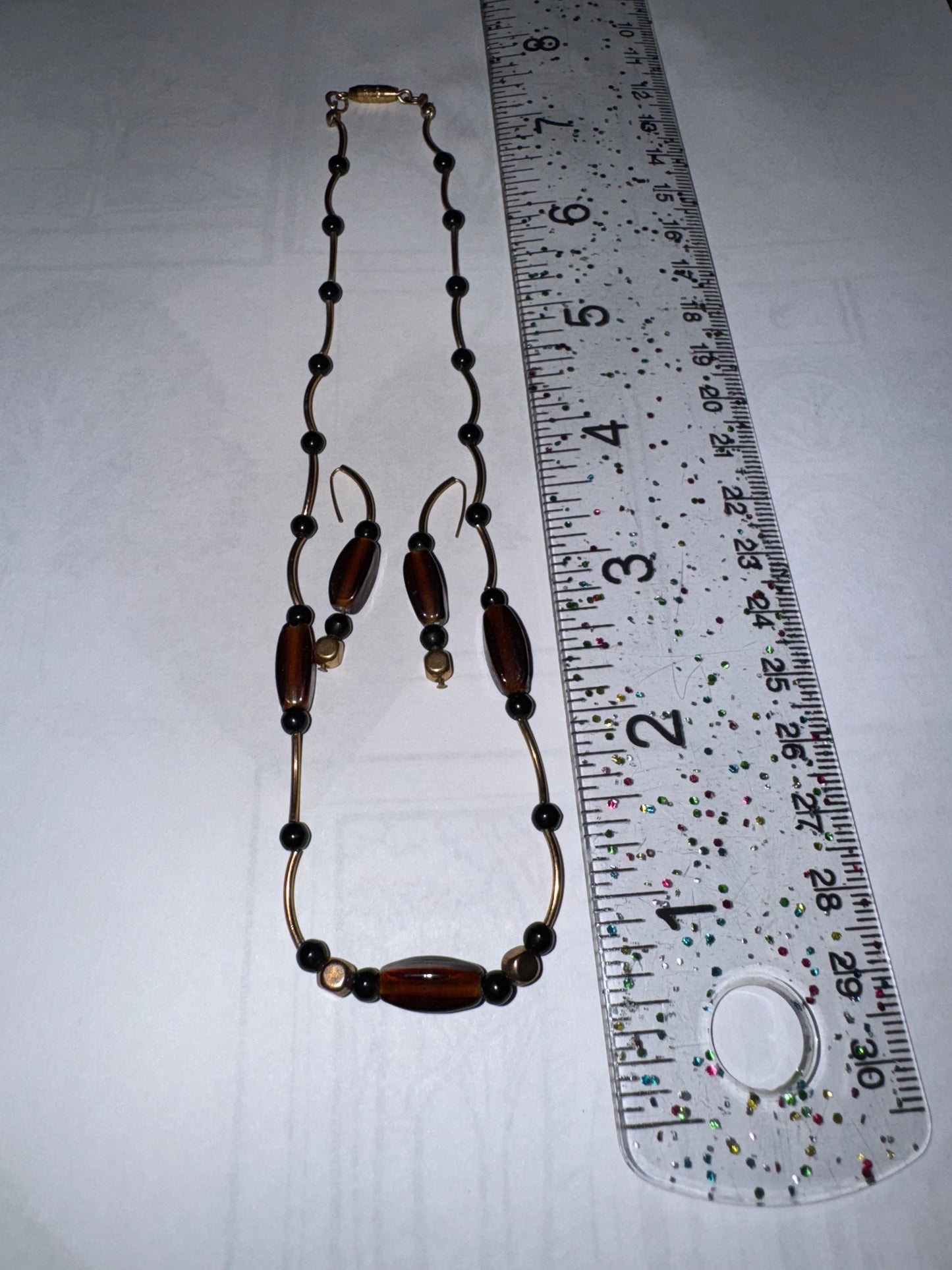 15 1/2" Beaded Gold, Black and Bronze Necklace and Earring Set