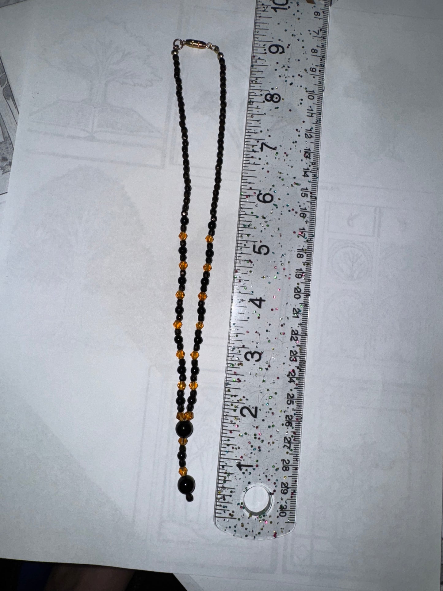 15 1/2" Black  and Bronze Y-Design Beaded Necklace