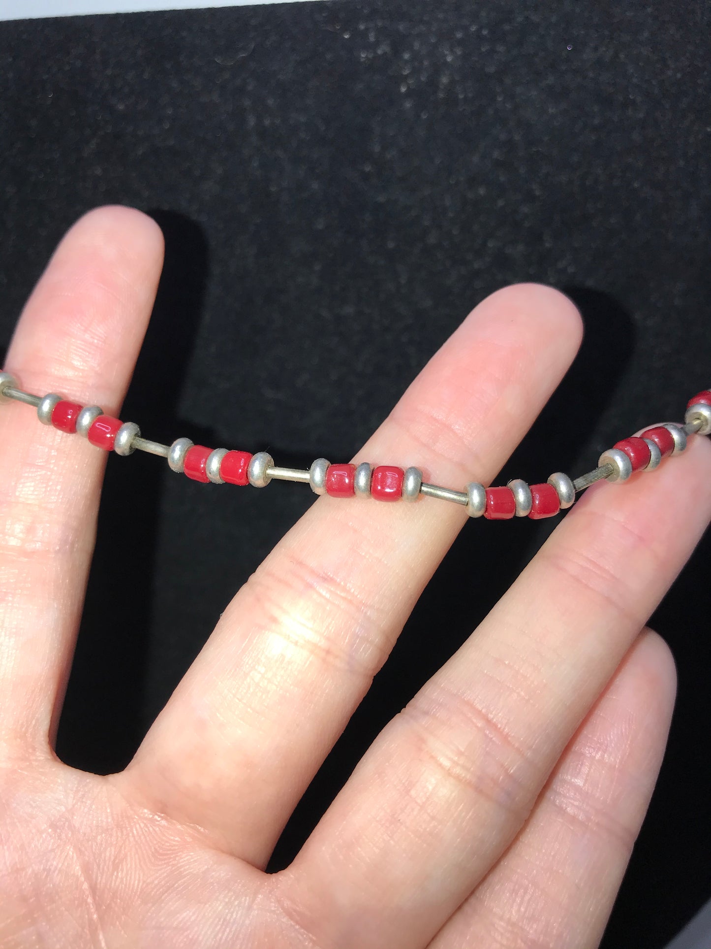 15" Shiny Orange Red and Silver Beaded Necklace