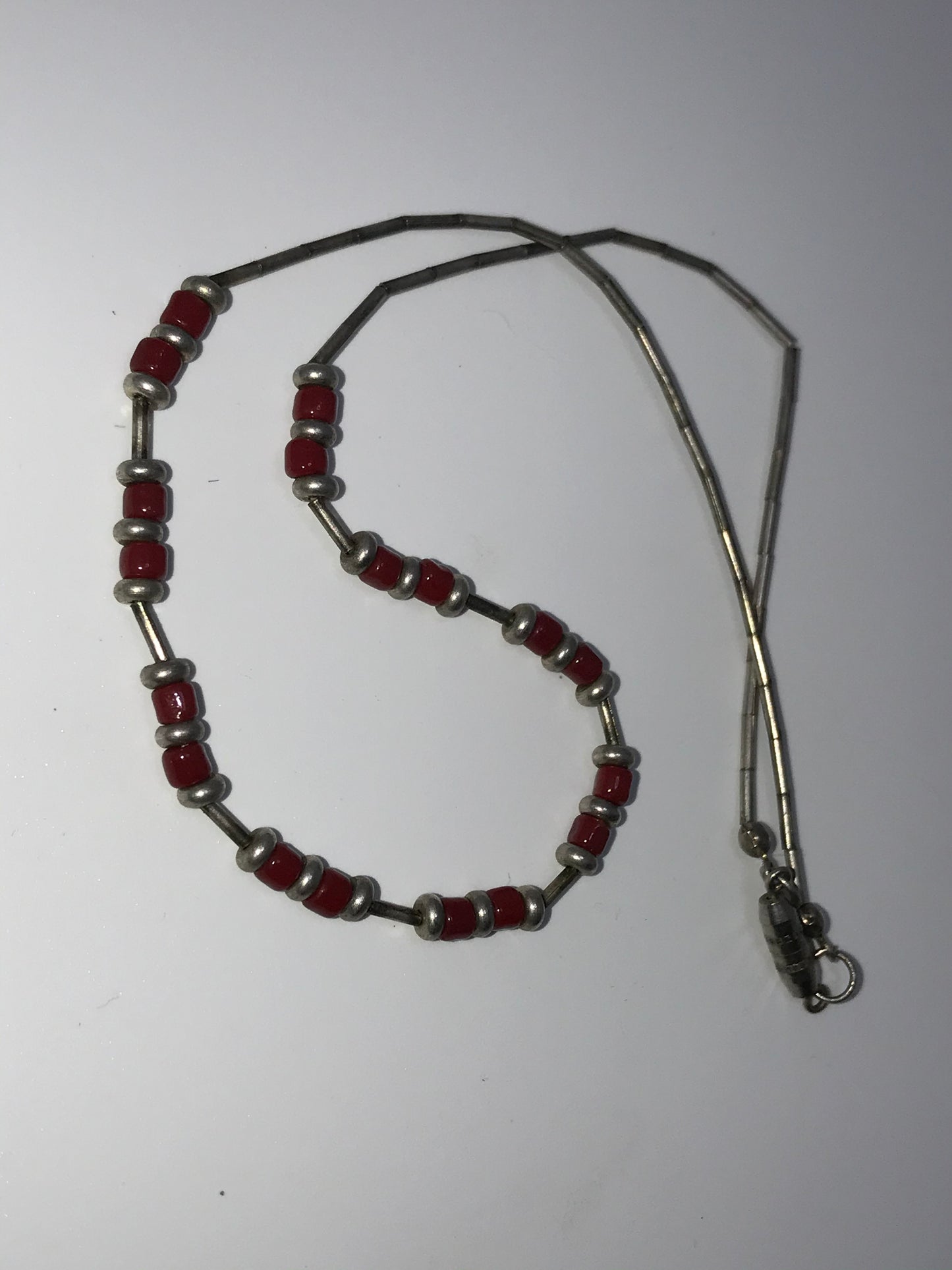 15" Shiny Orange Red and Silver Beaded Necklace