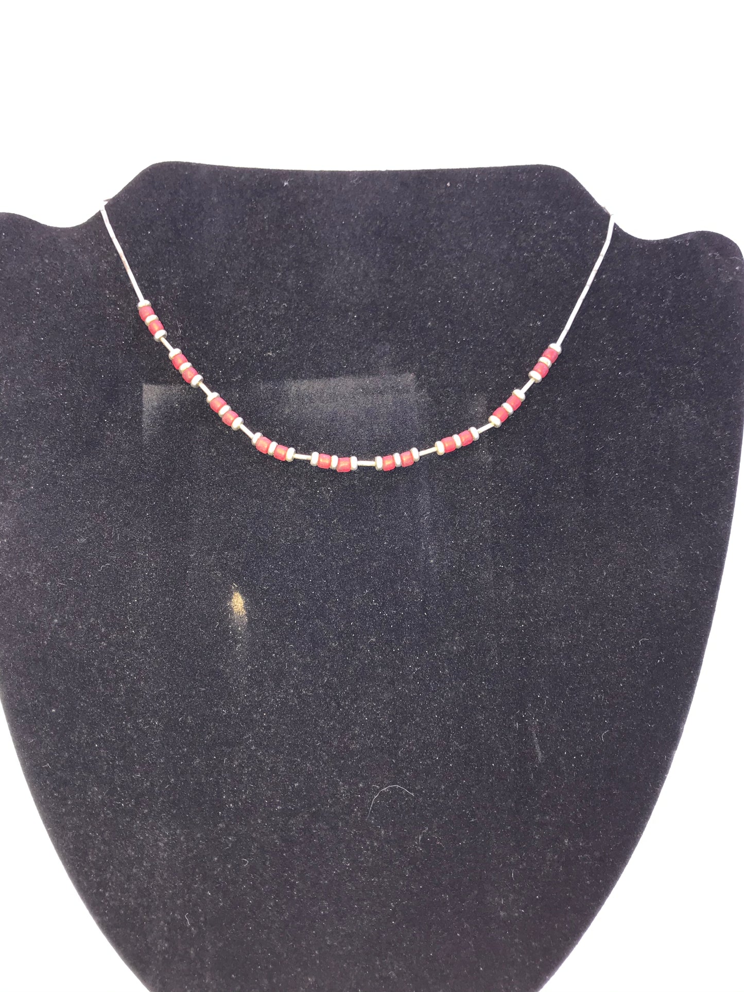 15" Shiny Orange Red and Silver Beaded Necklace
