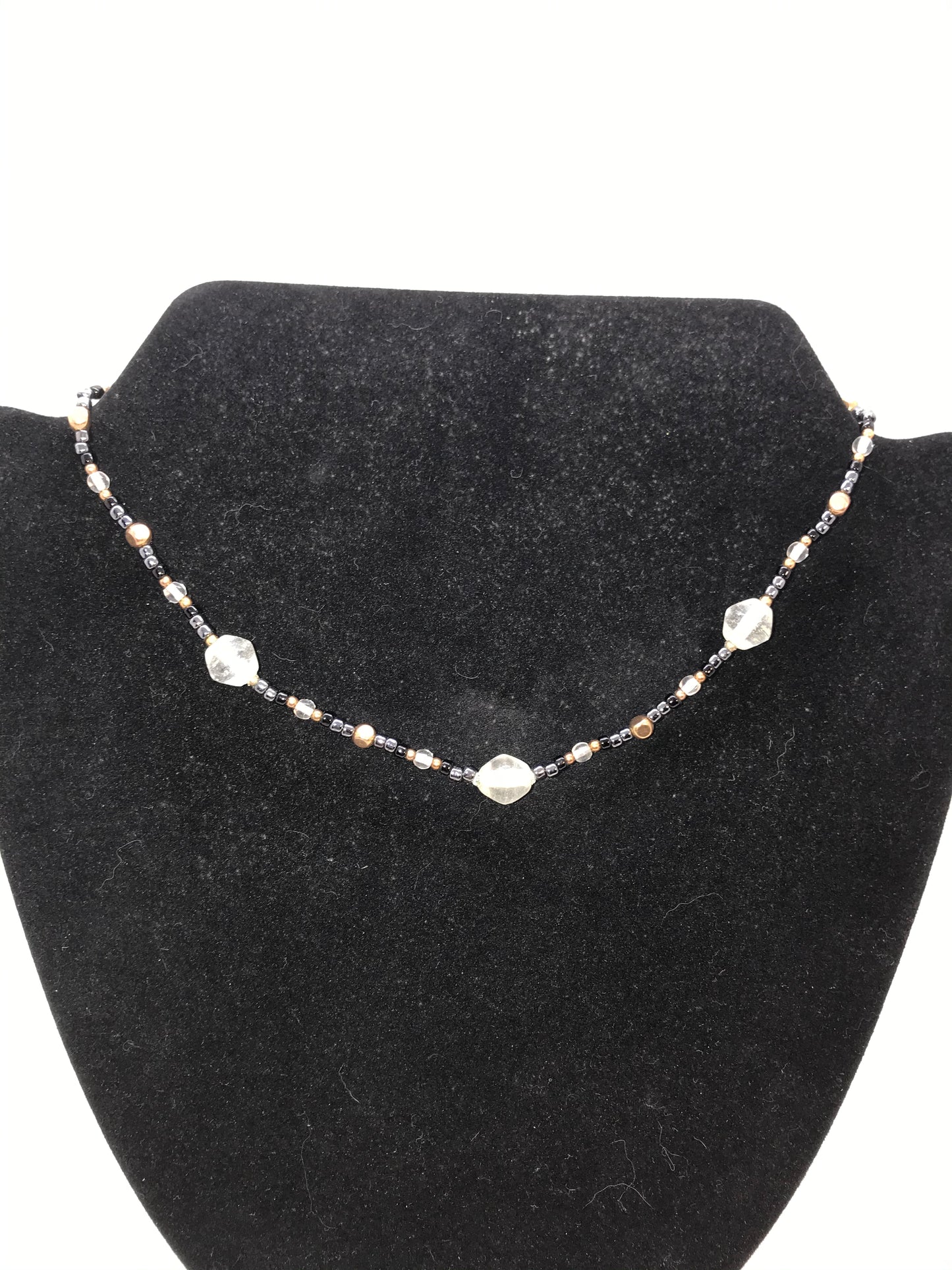 16" Black, Clear and Gold Beaded Necklace.