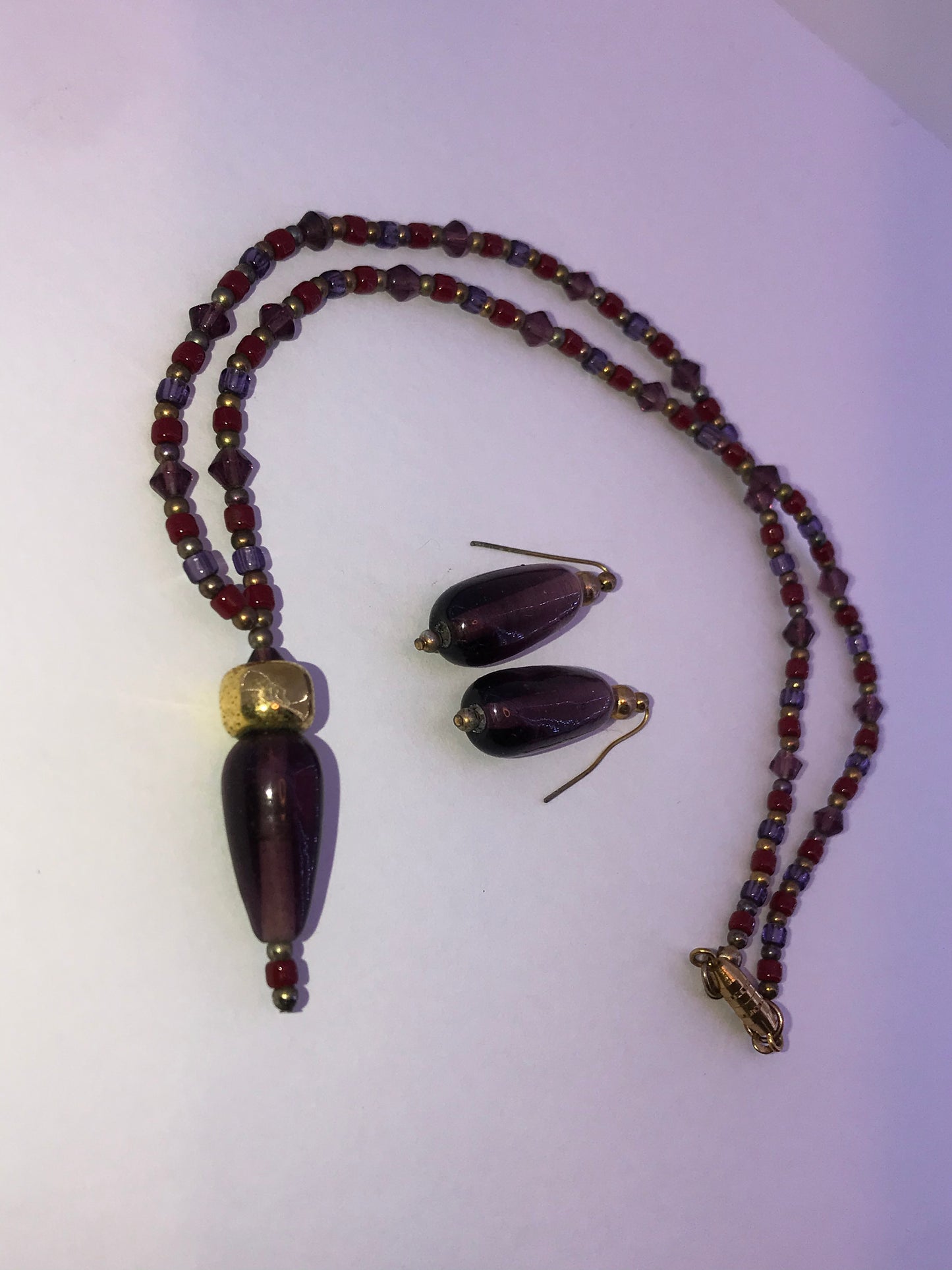 16 3/4" Red And Purple Beaded Necklace with Matching Earrings