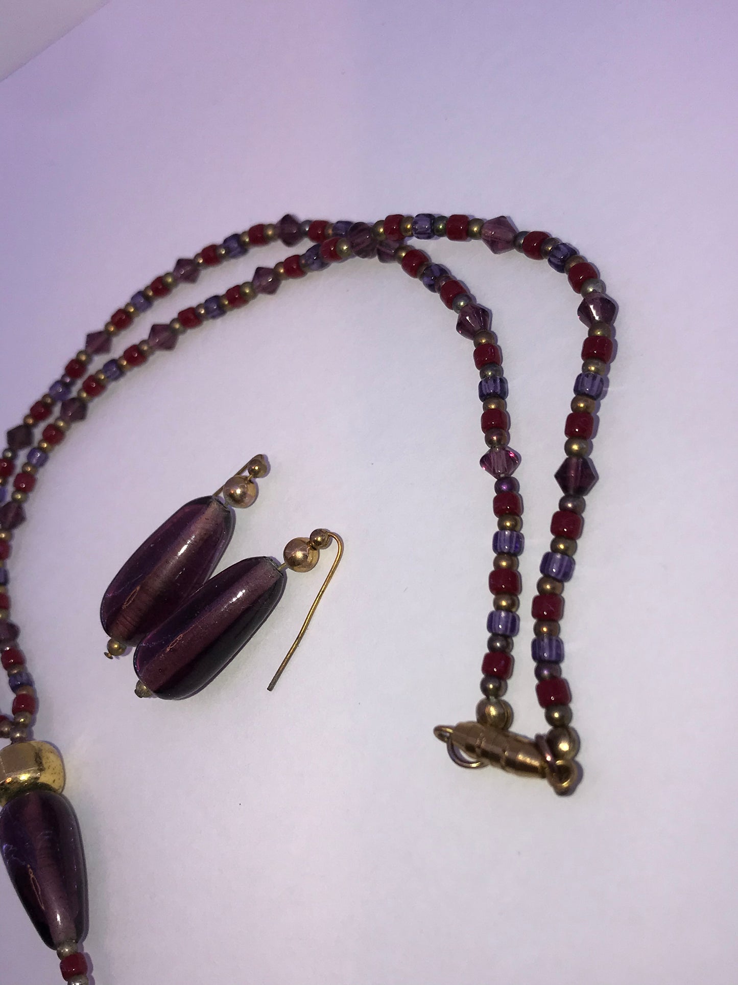16 3/4" Red And Purple Beaded Necklace with Matching Earrings