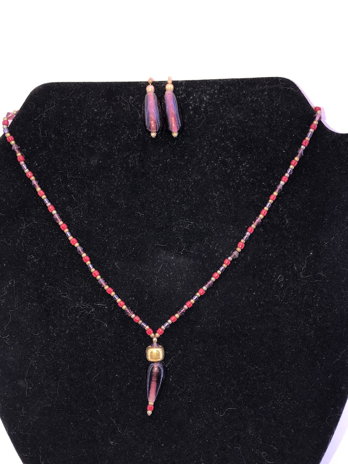 16 3/4" Red And Purple Beaded Necklace with Matching Earrings
