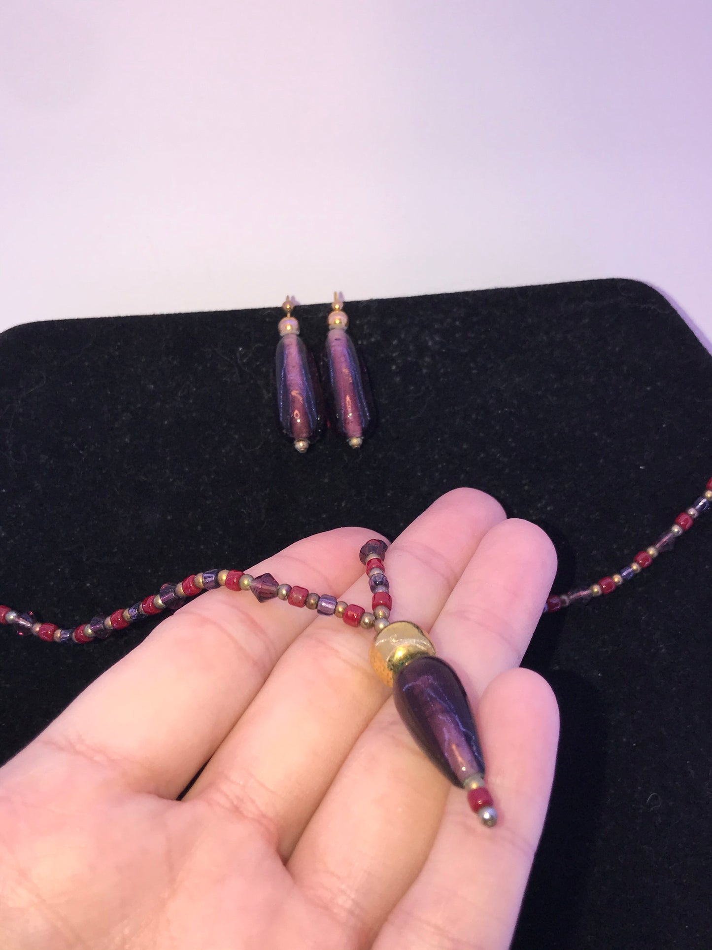 16 3/4" Red And Purple Beaded Necklace with Matching Earrings