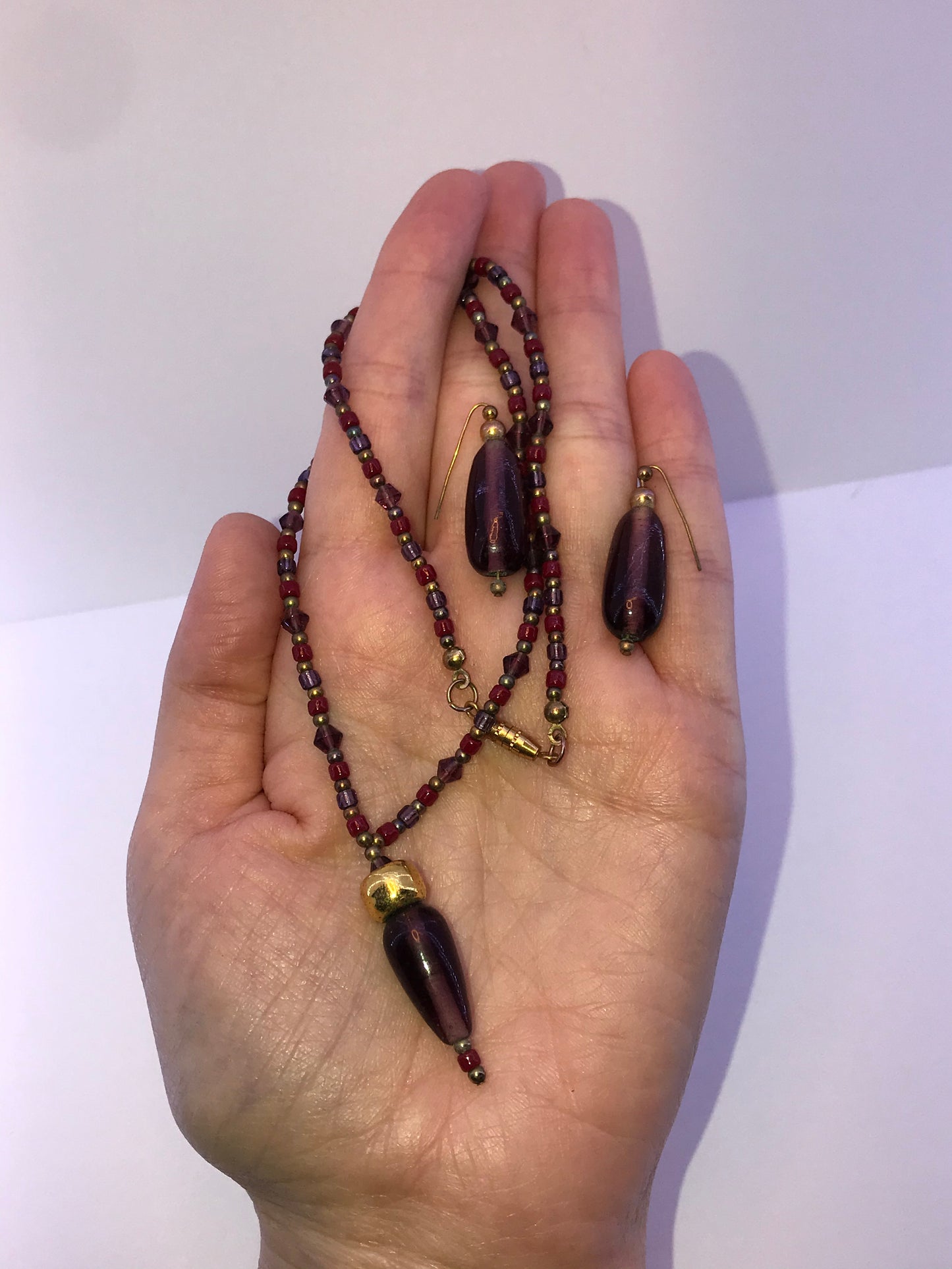 16 3/4" Red And Purple Beaded Necklace with Matching Earrings