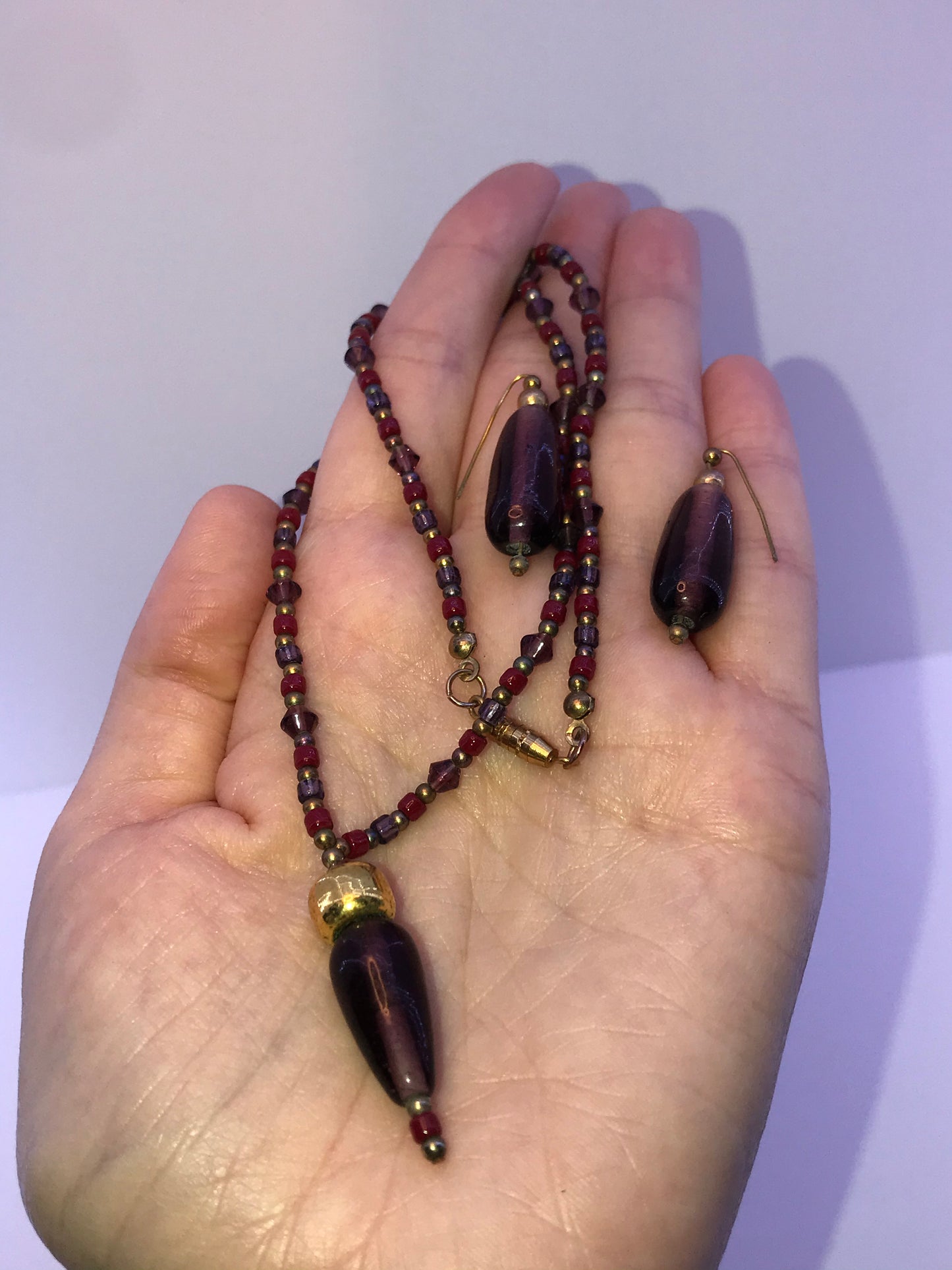 16 3/4" Red And Purple Beaded Necklace with Matching Earrings
