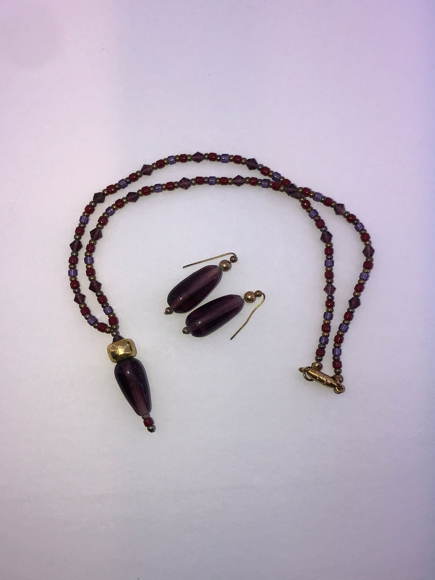16 3/4" Red And Purple Beaded Necklace with Matching Earrings