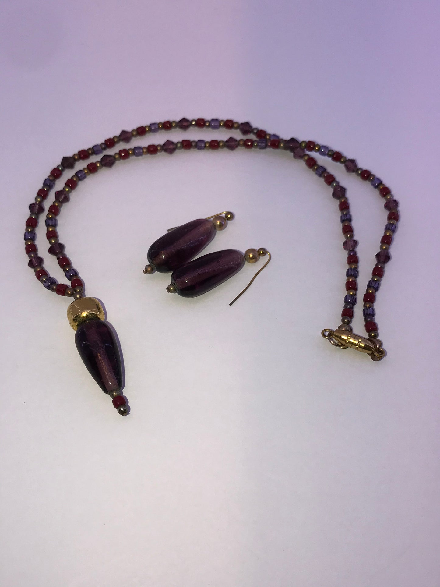 16 3/4" Red And Purple Beaded Necklace with Matching Earrings