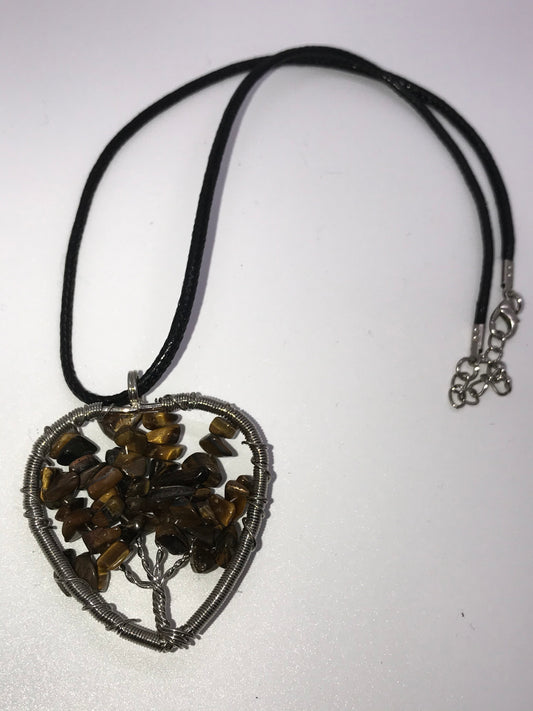 18" Heart Tigerseye Tree Of Life Leather Necklace