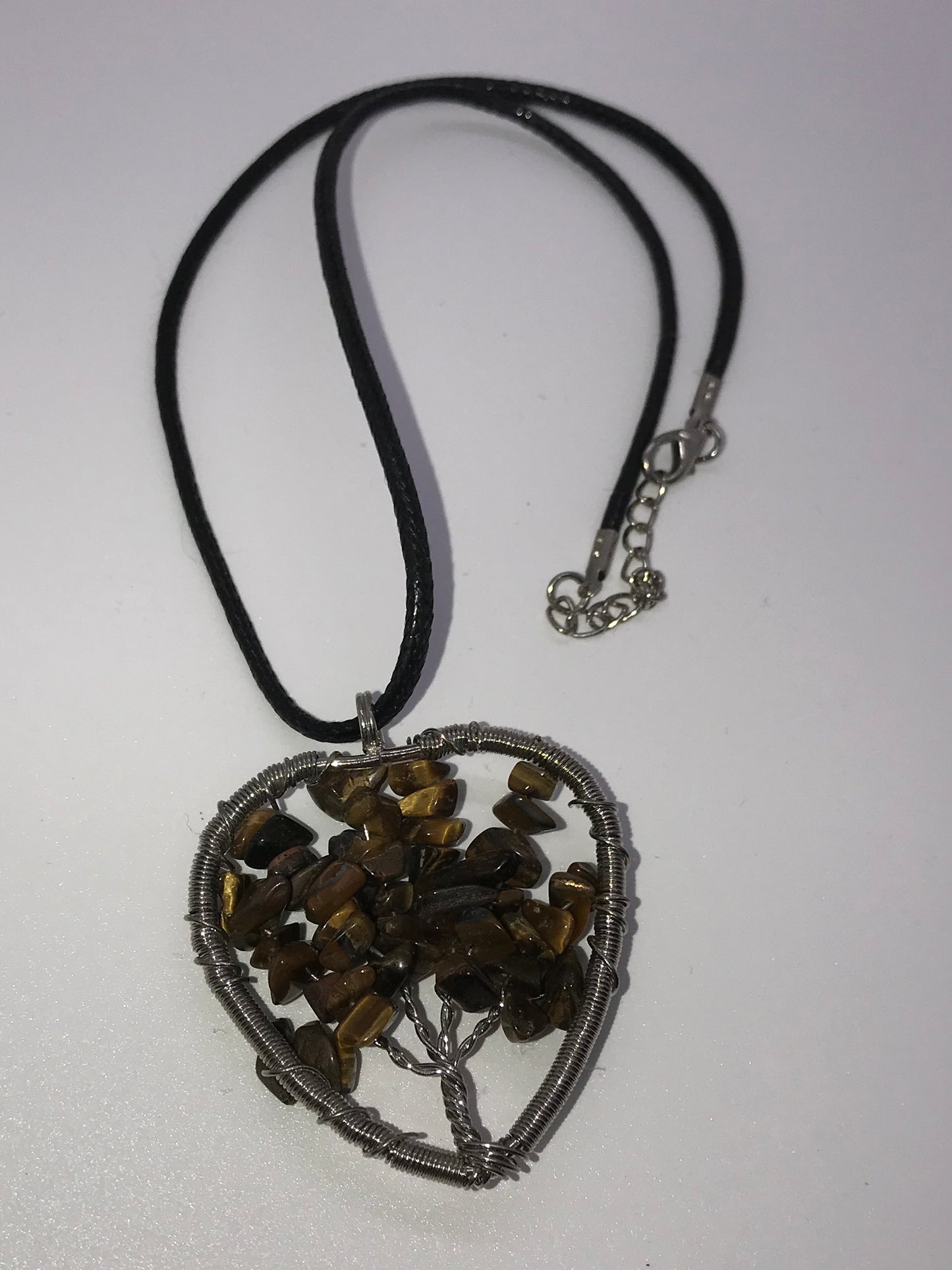 18" Heart Tigerseye Tree Of Life Leather Necklace