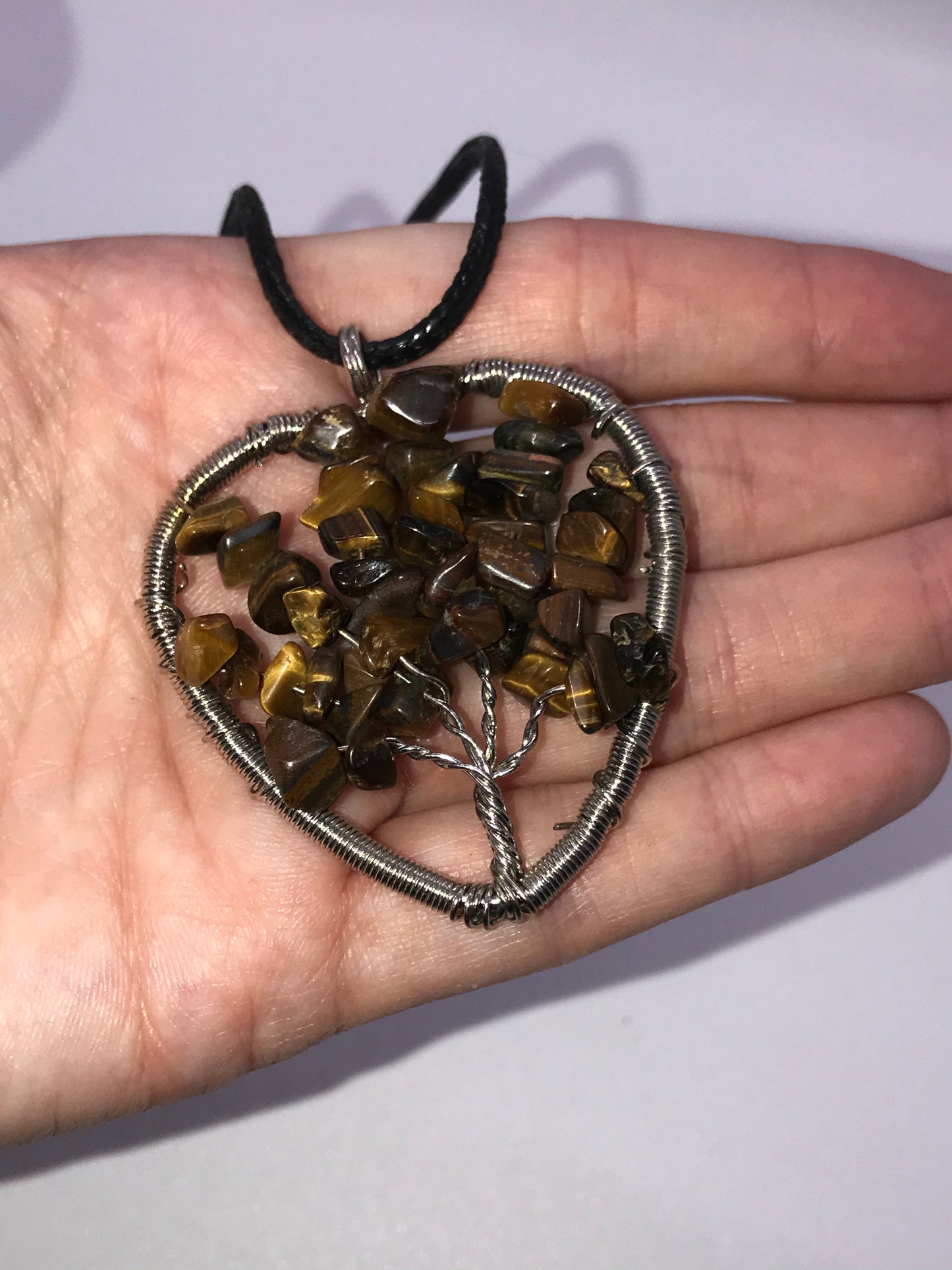 18" Heart Tigerseye Tree Of Life Leather Necklace