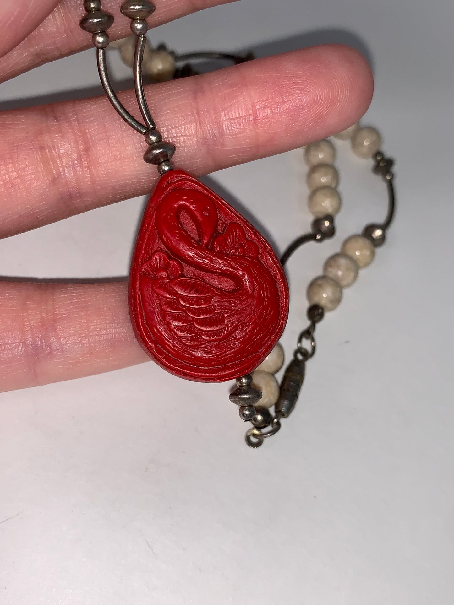 18 " Red Swan and Riverstone Handmade Beaded Necklace